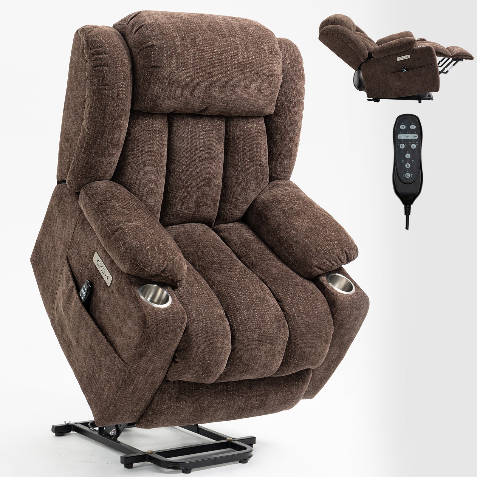 Up To 350 Lbs Chenille Power Lift Recliner Chair, Heavy Duty Motion Mechanism With 8 Point Vibration Massage And Lumbar Heating, Usb And Type C Ports, Stainless Steel Cup Holders, Brown White Metal Primary Living Space Heavy Duty Pine Brown Chenille