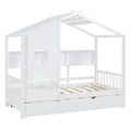 Wooden Twin Size House Bed With Trundle, Modern Design For Kids With Storage Shlef, White Twin White Solid Wood