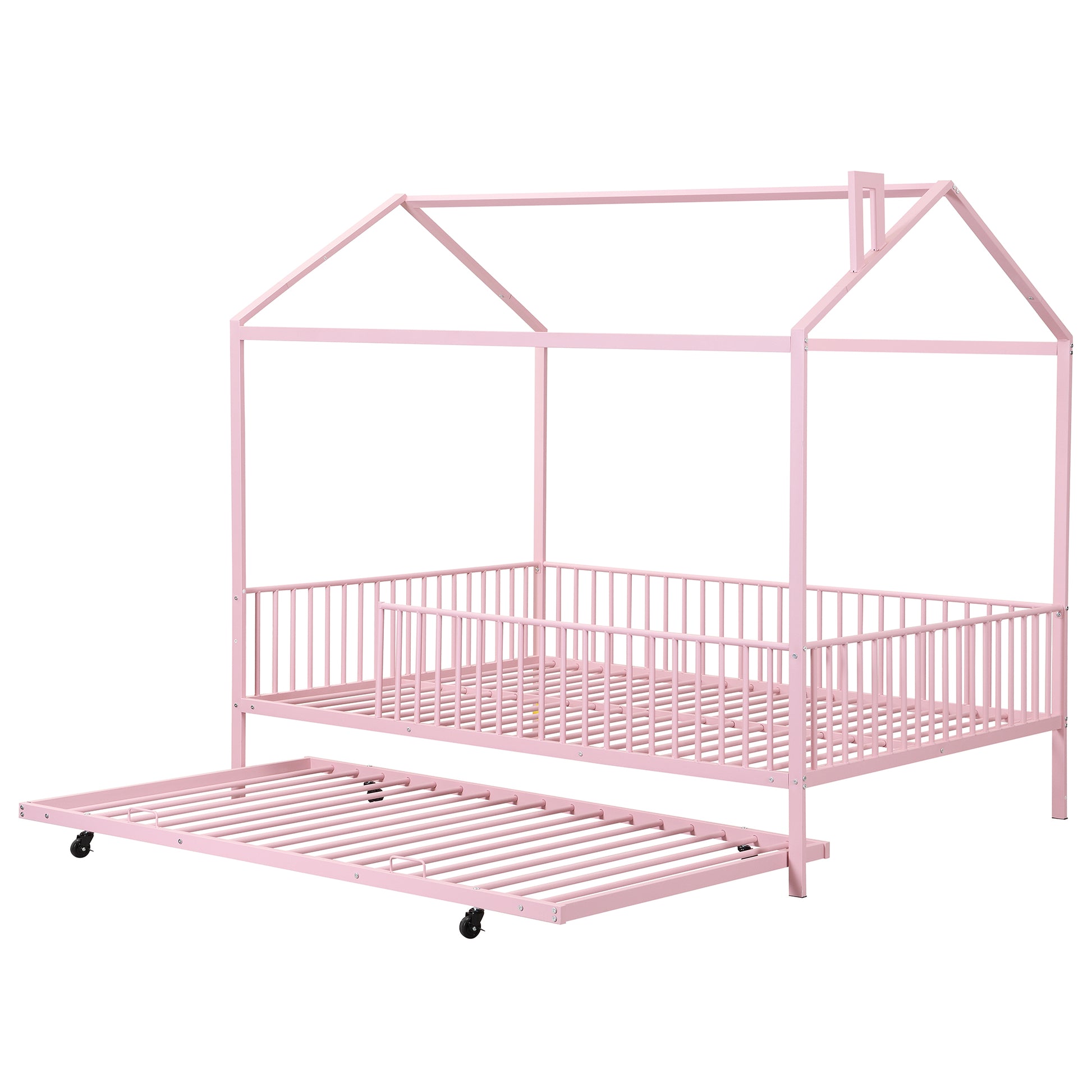 Full Size Metal House Bed With Fence, With Trundle, Pink Full Pink Metal