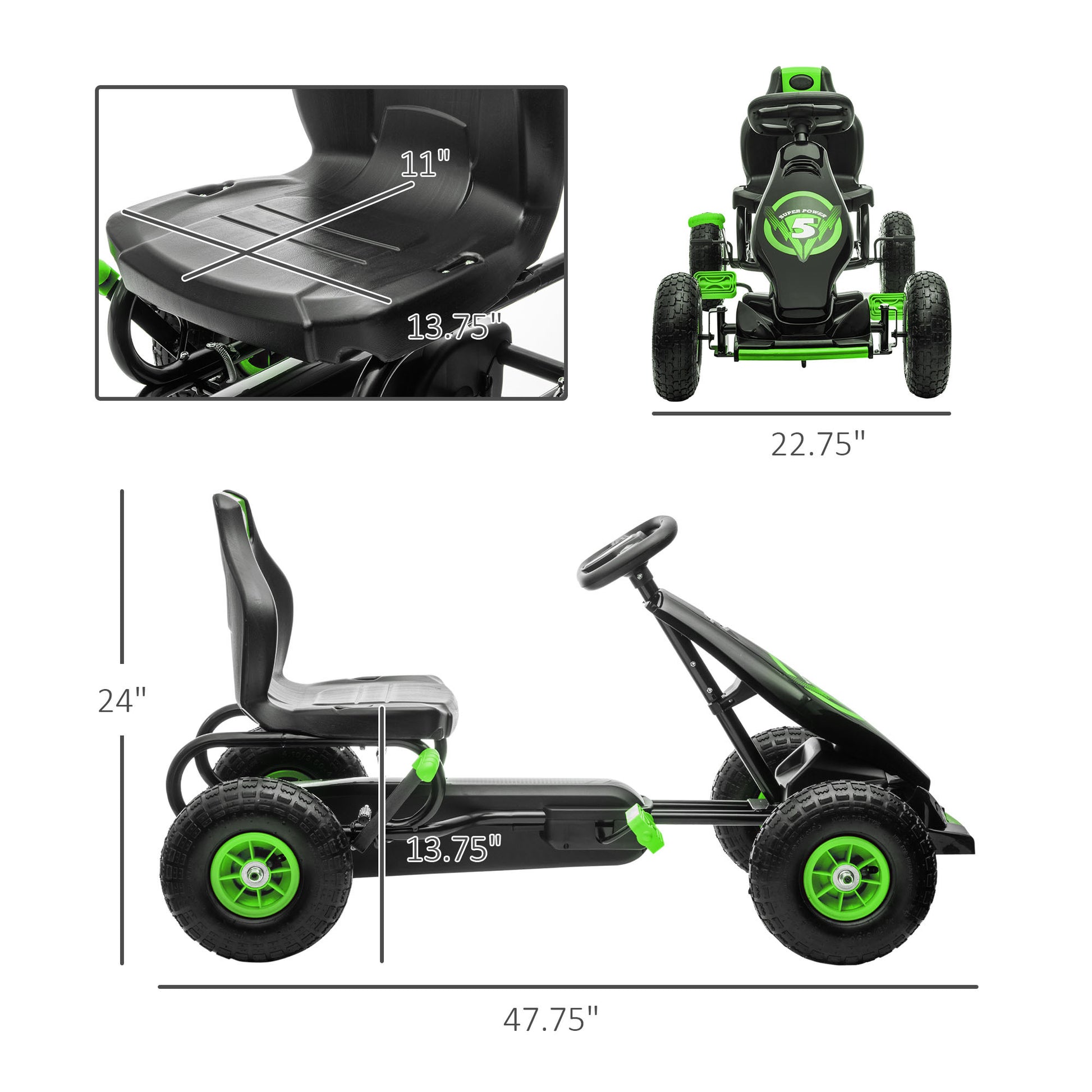 Aosom Kids Pedal Go Kart Ride On Toy With Ergonomic Comfort, Pedal Car With Tough, Wear Resistant Tread, Go Cart Kids Car For Boys & Girls With Suspension System, Safety Hand Brake, Ages 5 12, Green Green Plastic