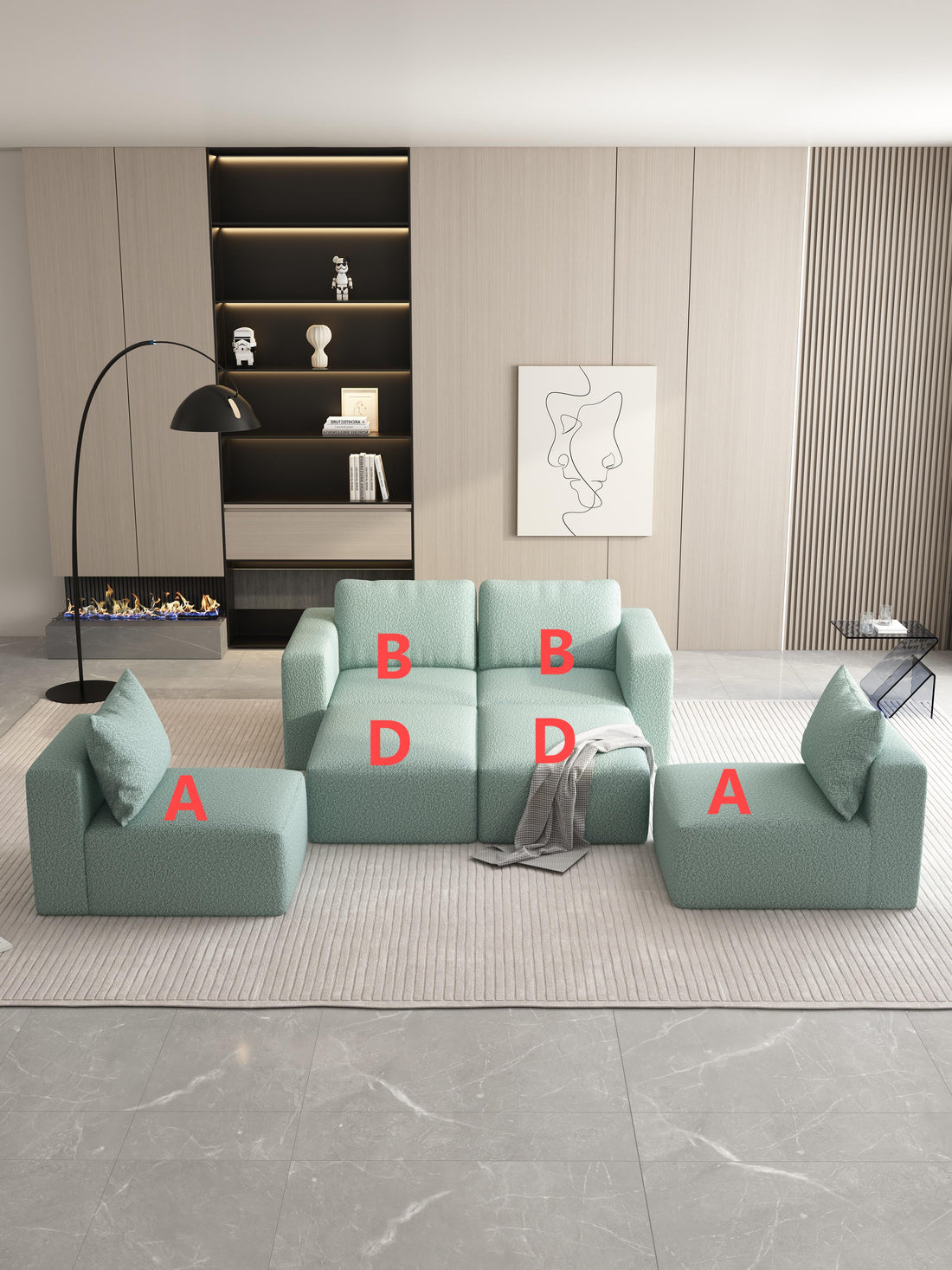 104.32*74.8 Modular Sectional Sofa Sleeper Couch, Sectional Sofa With Chaise And Ottoman, Convertible U Shaped Modular Sofa Set. Compressed Spon, Light Green Combo 2A 2B 2D Light Green Primary Living Space Soft Minimalist,Modern Foam Spring 6 Seat