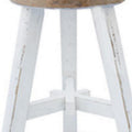 17 Inch Accent Stool, Round Brown Seat, Hand Painted White Tripod Legs Brown White Wood