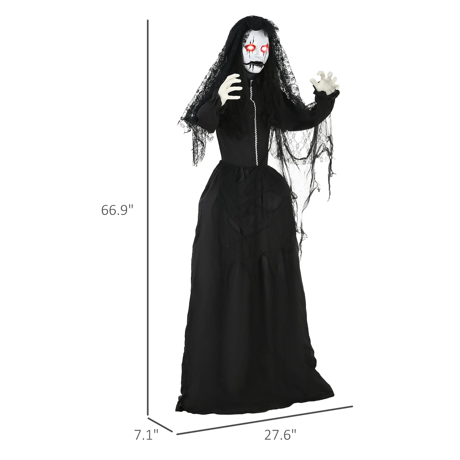 Homcom 67" Life Size Freestanding Scary Ghost Bride, Animated Halloween Prop With Sound Activation And Red Eyes, Creepy Voice, For Covered Outdoor And Indoor, Battery Operated Animatronic Decor Black Polyester