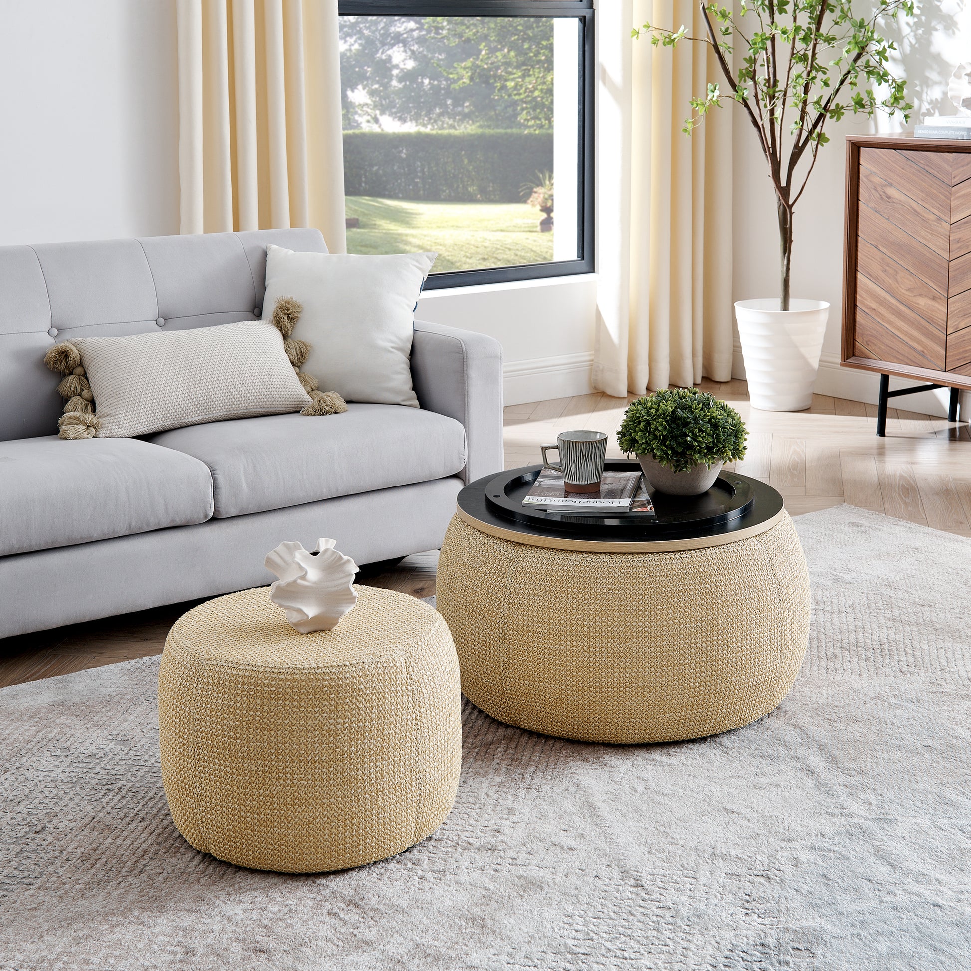 Round Storage Ottoman, Woven Rattan Fabric Ottoman, 2 In 1 Function, Work As End Table And Ottoman,With Small Seat Nature 25"X25"X14.7" Natural Foam