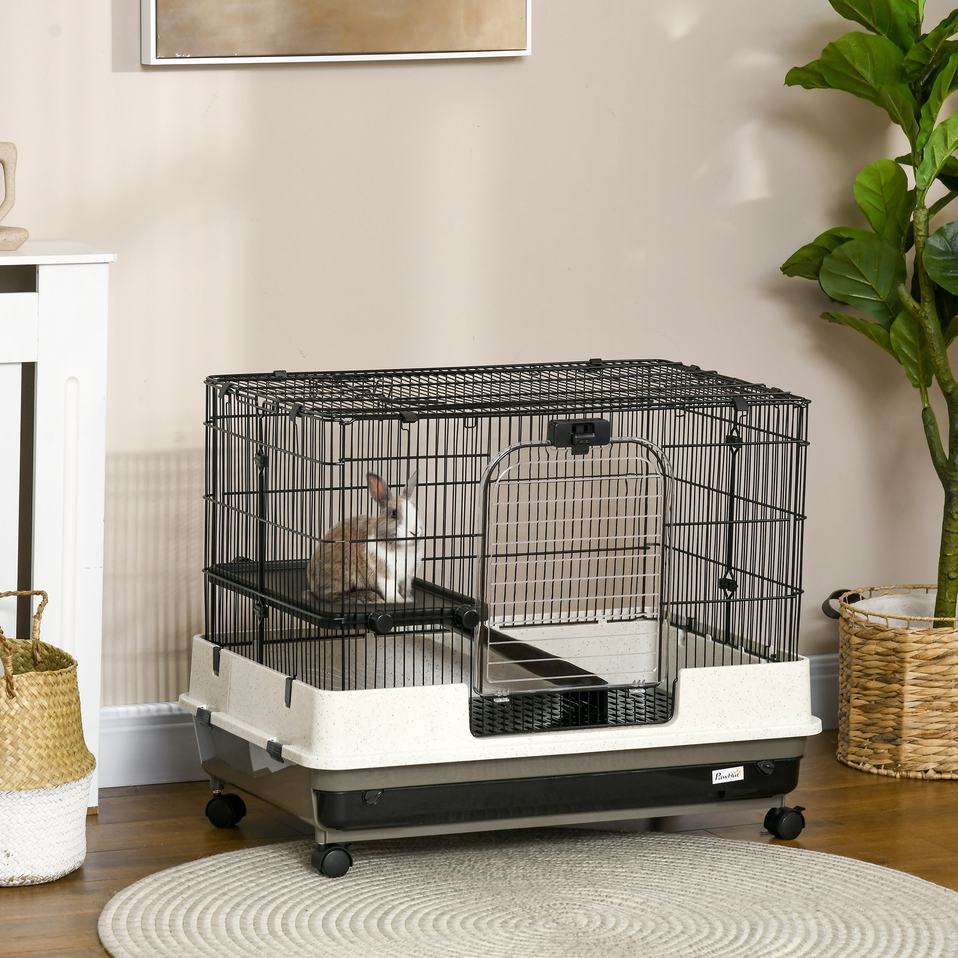 Pawhut 26" Small Animal Cage With Wheels, 2 Level Portable Bunny Cage, Chinchilla Ferret Cage With Removable Tray, Platform And Ramp White Black Iron Plastic