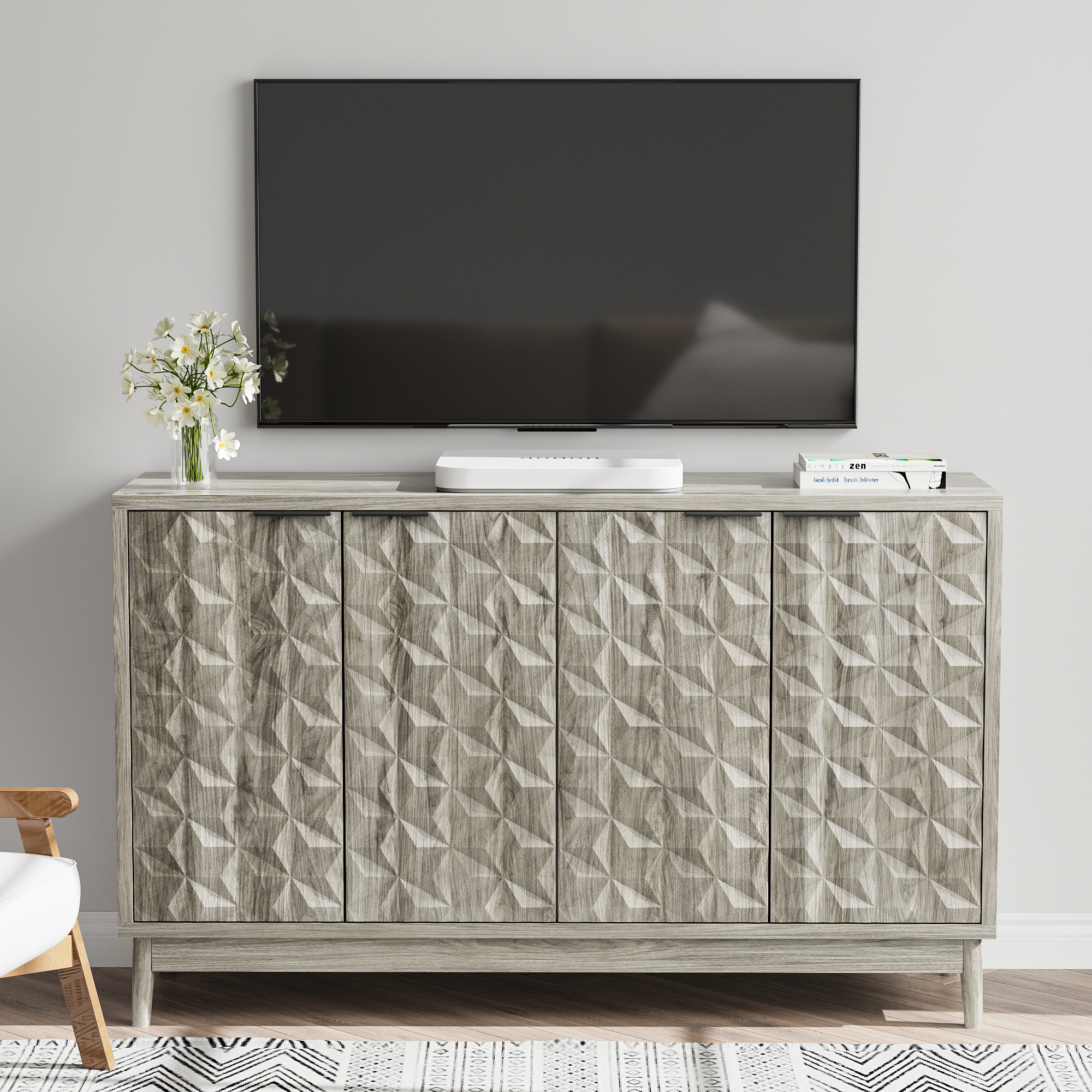 Modern Style Buffet Cabinet,Sideboard Buffet Cabinet With Storage,Storage Cabinet With 4 Diamond Shaped Relief Doors For Living Room,Dining Room,Entryway,Hallway,Kitchen,Grey Gray Gray Dining Room