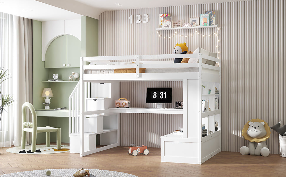 Full Size Loft Bed With Desk And Shelves, Two Built In Drawers, Storage Staircase, White Full White Plywood,Solid Wood Mdf