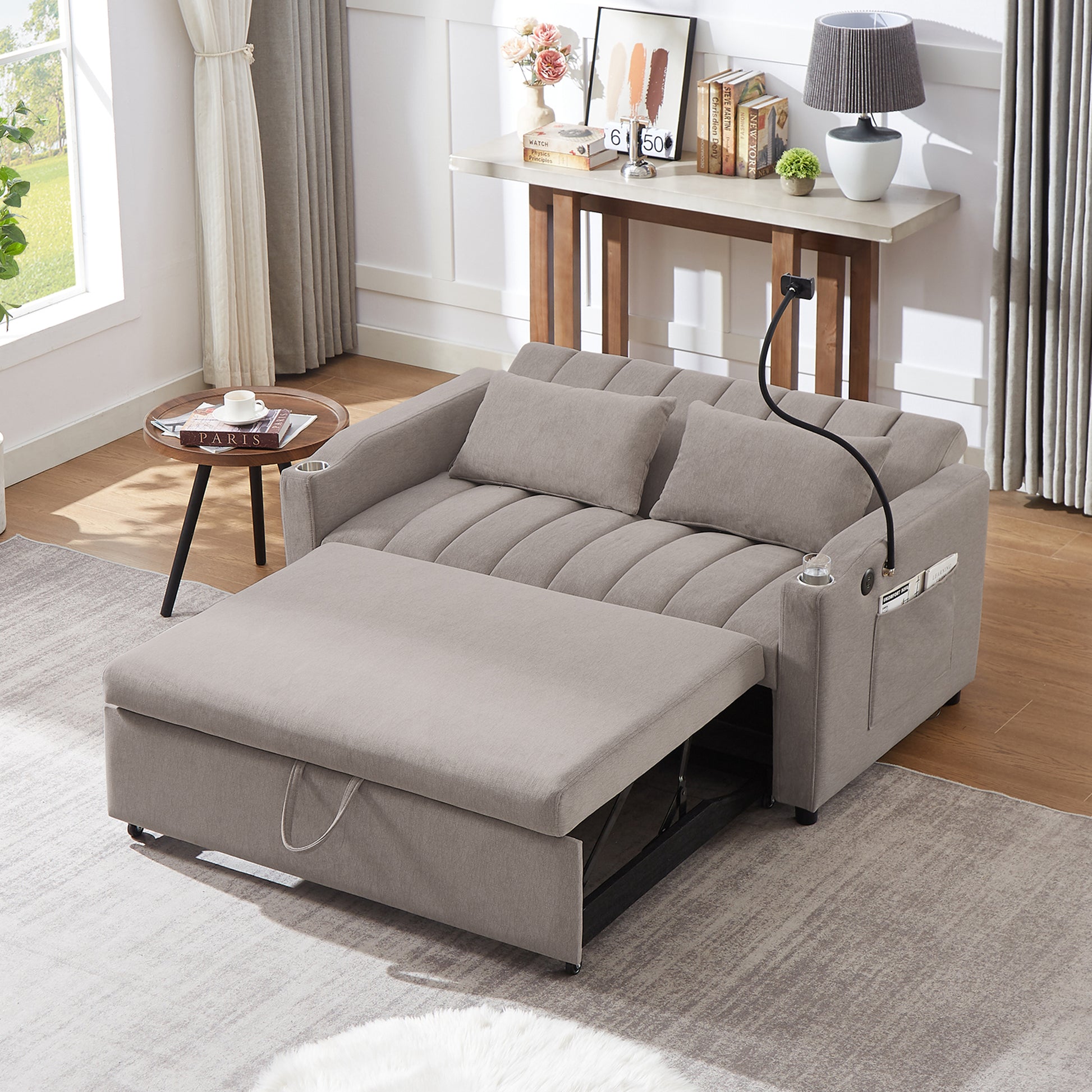 55.9" Convertible Sofa Bed Loveseat Sofa With Three Usb Ports, Two Side Pockets, Two Cup Holders And 360 Swivel Phone Holder For Living Room, Light Grey Light Grey Foam Polyester 2 Seat