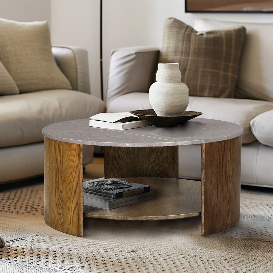 Round Mixed Material Coffee Table With Shelf Oak Mdf