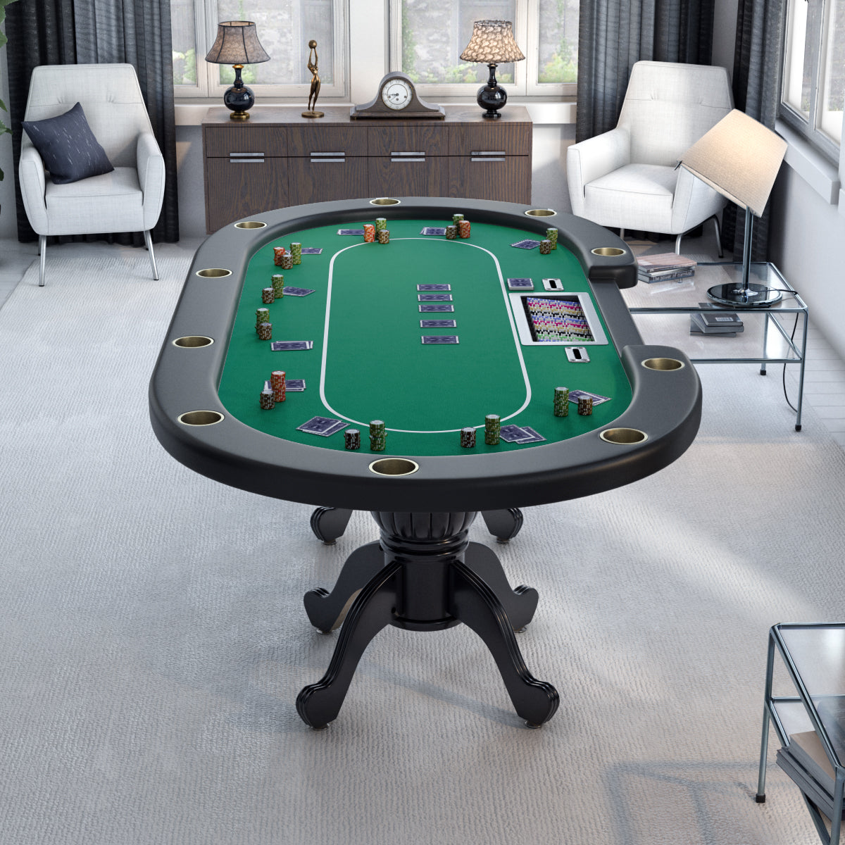 96" Poker Table For Texas Holdem Casino Game Premium Aura Oval With Waterproof Felt Cup Holders Chips Tray Drop Box Green Green Primary Living Space Modern Wood