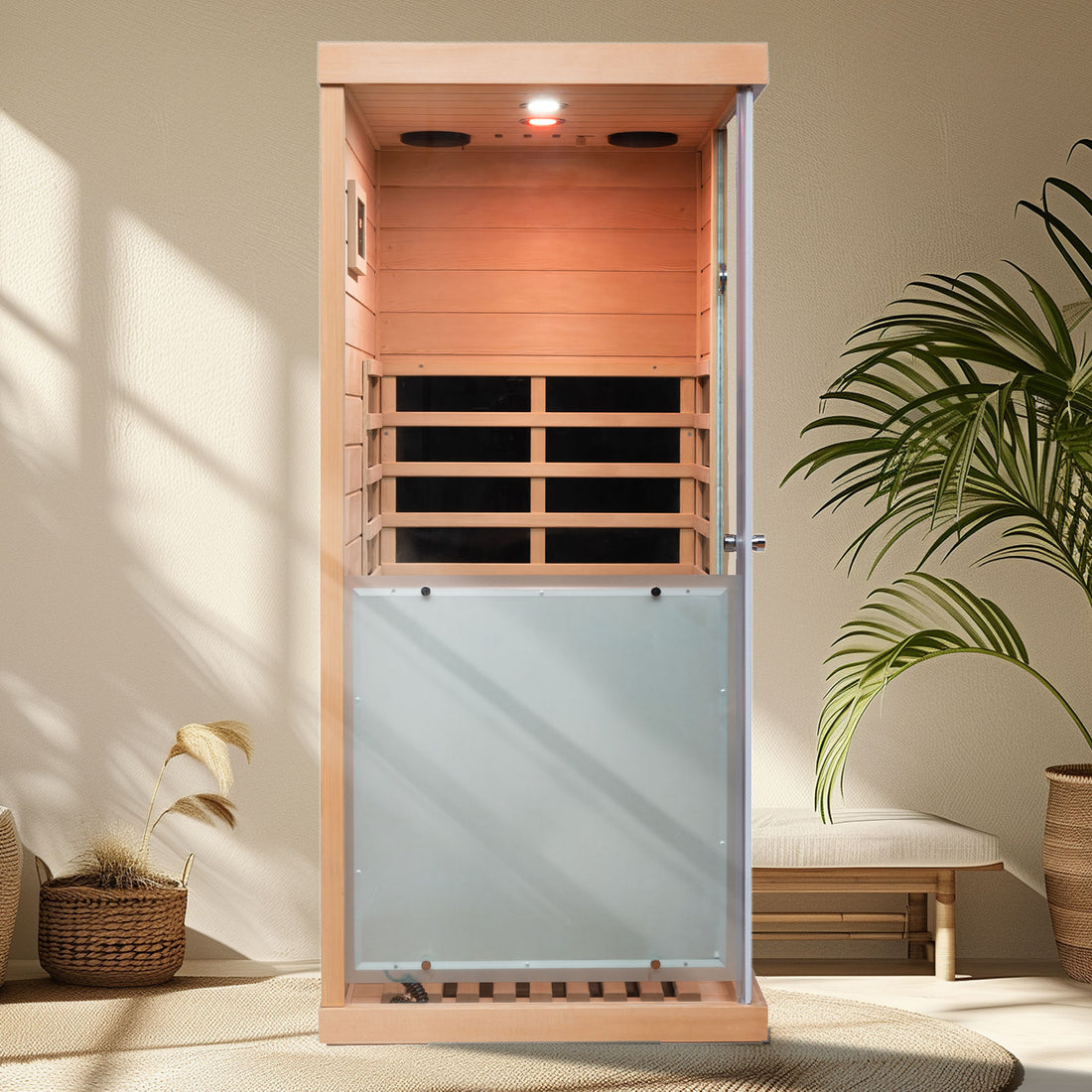 Large Glass Mini Hemlock Sauna With Left Door Opening Natural Wood Metal & Wood