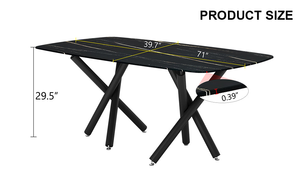 Large Modern Minimalist Rectangular Dining Table With 0.39 "Imitation Marble Black Tabletop And Black Metal Legs, Suitable For Kitchen, Dining Room, Living Room, Conference Room, And Banquet Hall 1537 Black Glass