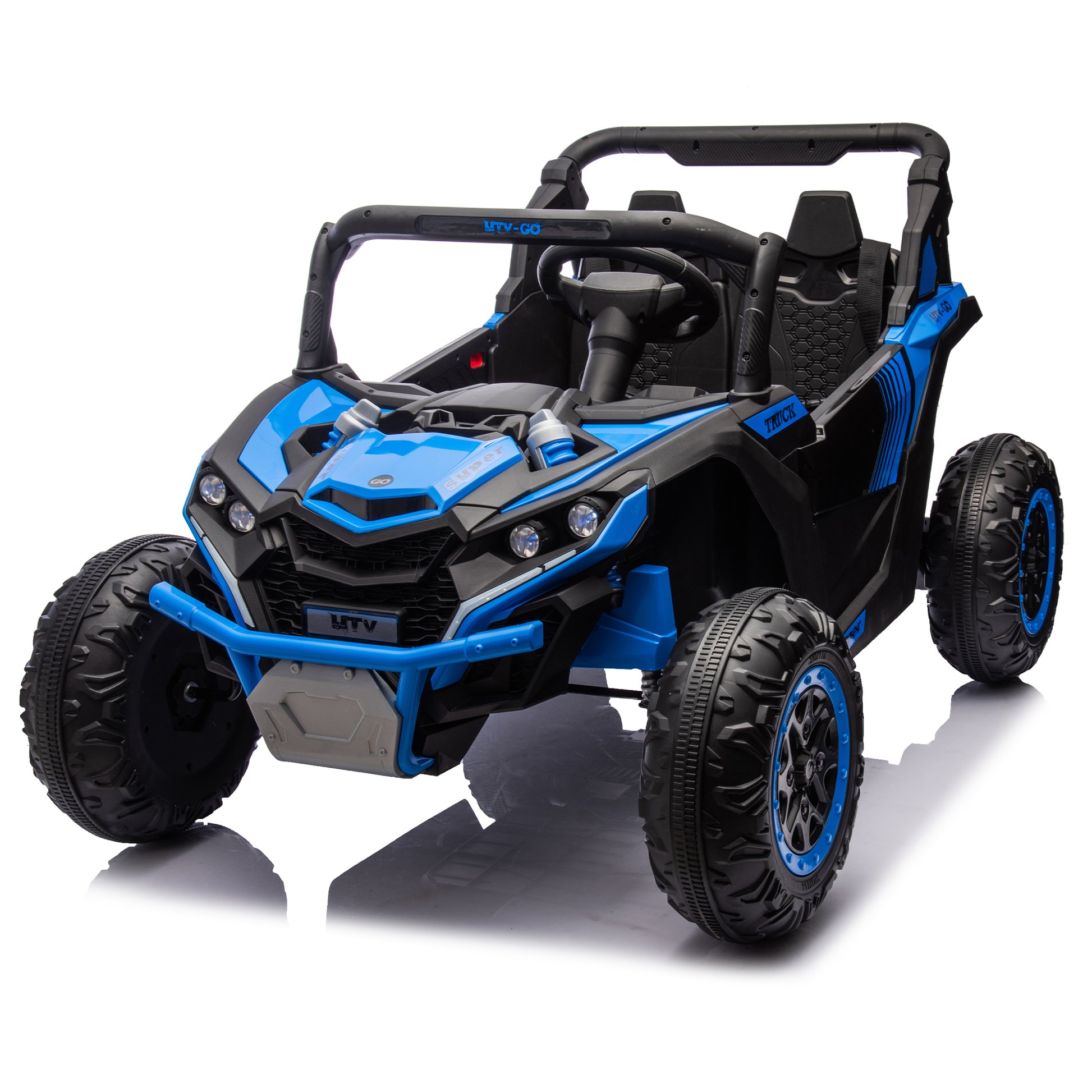 24V Two Seater Kids Ride On Utv W Parents Remote Control,Four Wheel Suspension,Slow Start,Large Wheel Design,Anti Collision Bar,Storage Space,Music,Usb,Bluetooth,Volume Control,Led Lights For Kids 3 . Blue 100 149 Lbs Polypropylene