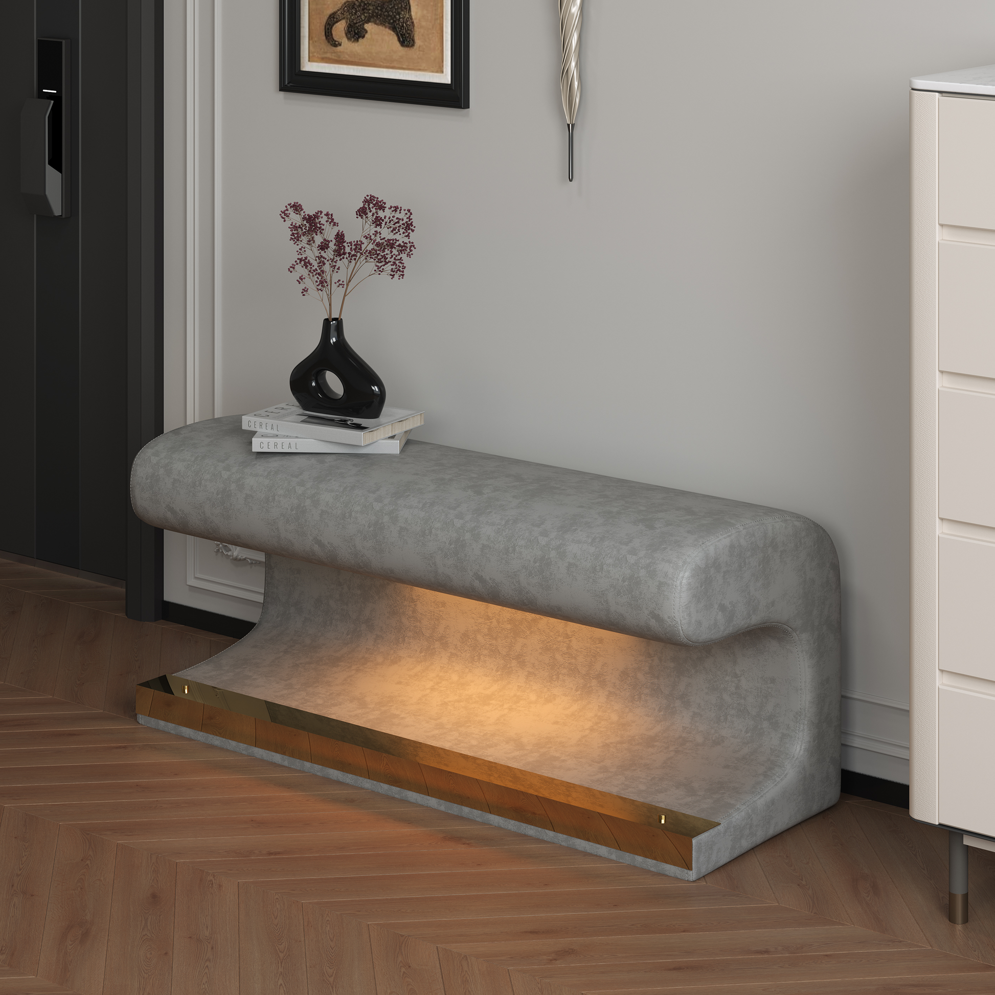 Entryway Bench Leather Upholstered Ottoman With Led Sensor Light For Living Room ,Bedroom,End Of Bed Gray Leather