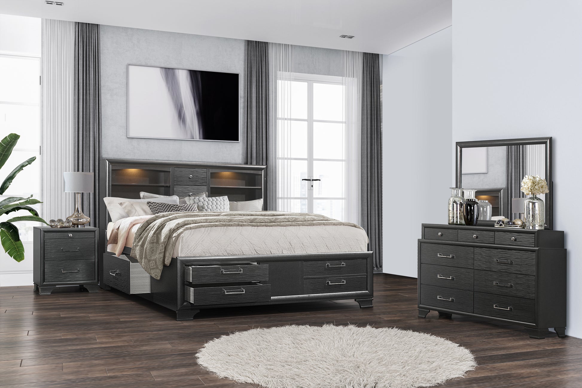 Civic Grey King Bed Gray Solid Wood Mdf