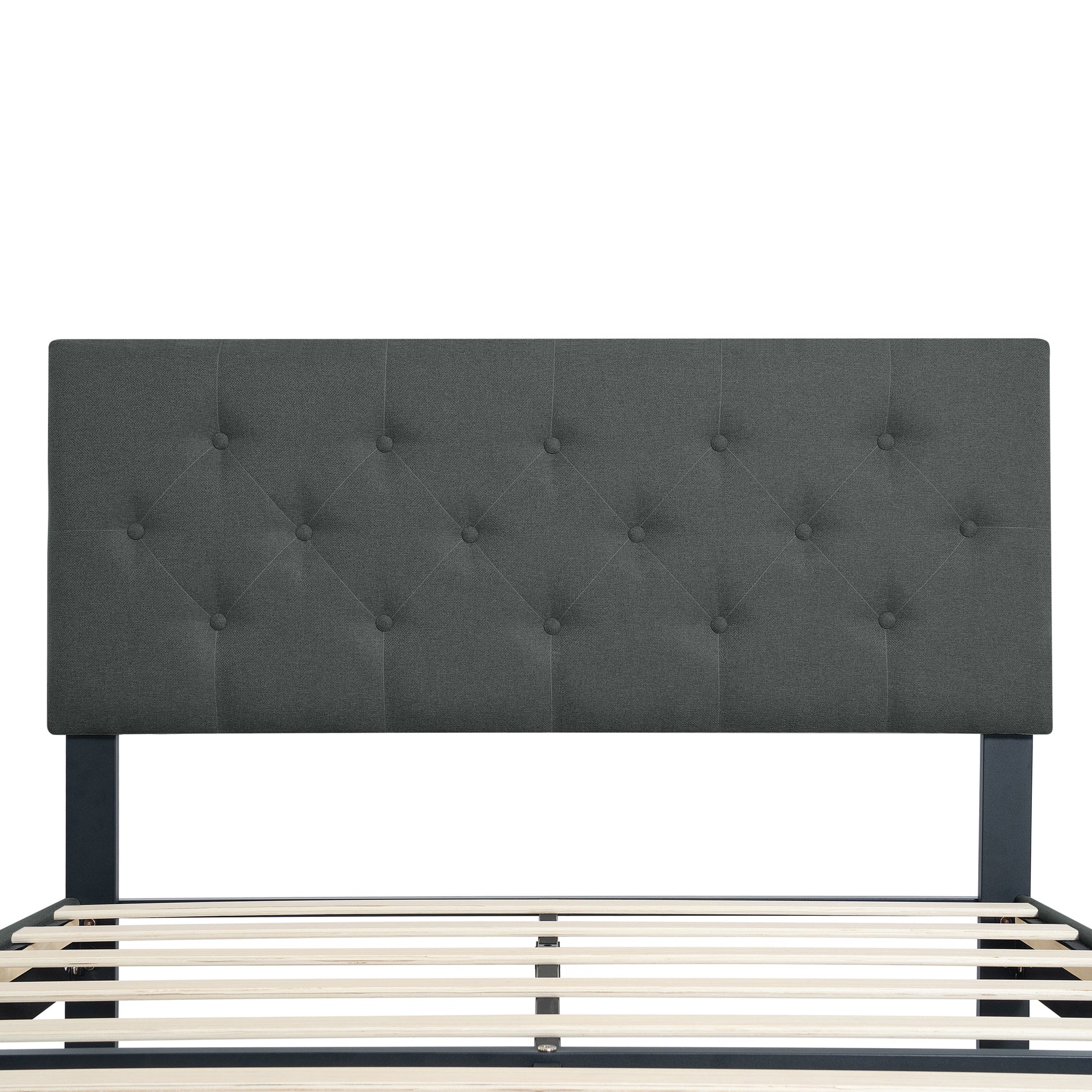 Twin Size Upholstered Platform Bed Frame With Modern Button Tufted Linen Fabric Headboard, No Box Spring Needed, Wood Slat Support, Easy Assembly, Drak Grey Twin Dark Gray Linen