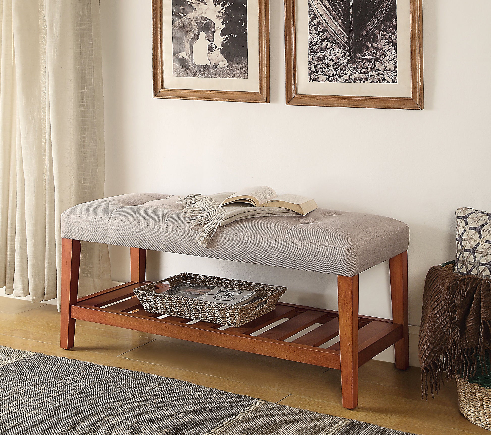 Charla Light Gray Fabric & Oak Finish Bench Gray Fabric,Synthetic Wood