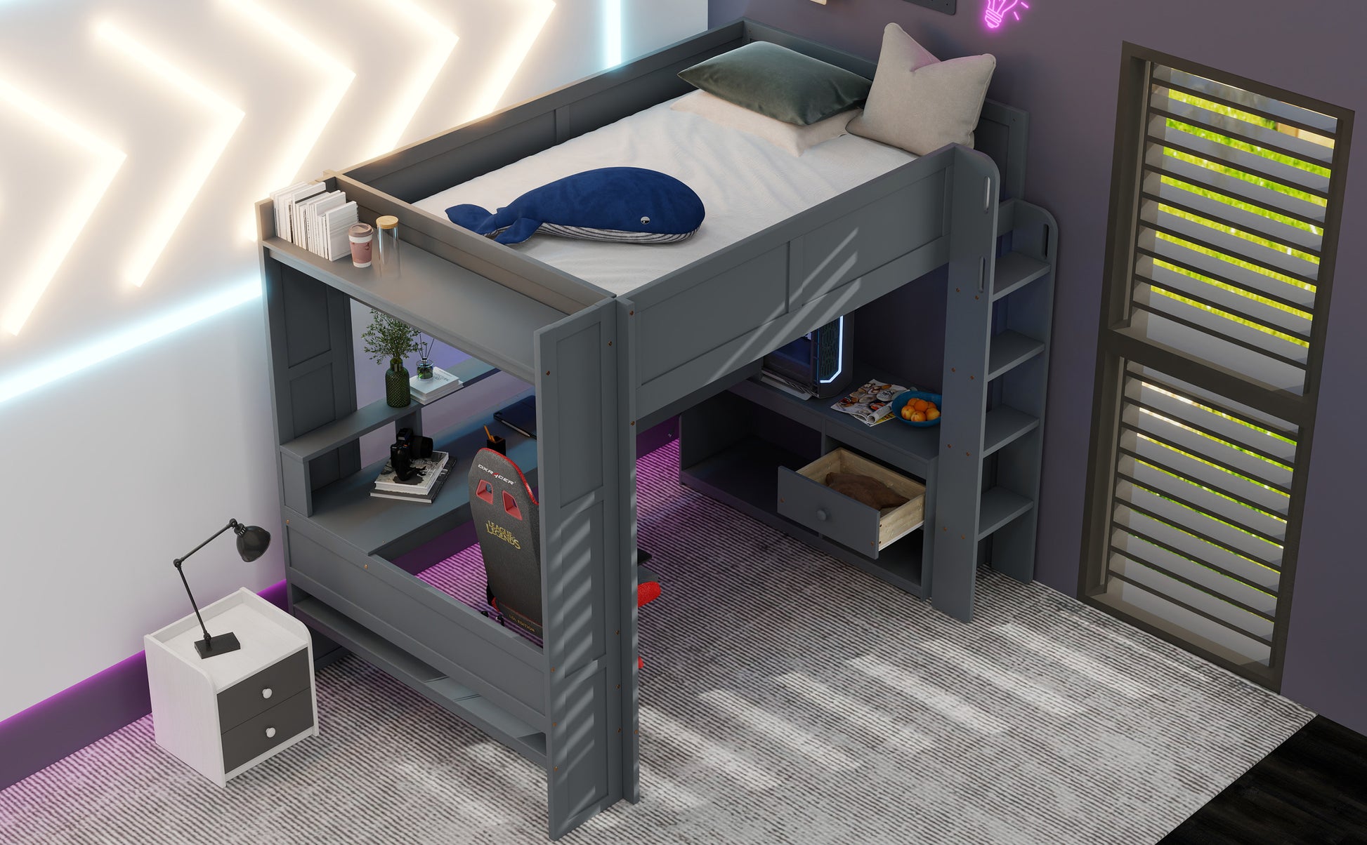 Wood Full Size Gaming Loft Bed With Desk, Multi Storage Shelves, Led And Charging Station, Dark Gray Box Spring Not Required Full Dark Gray Wood Bedroom Bed Frame Solid Wood Mdf