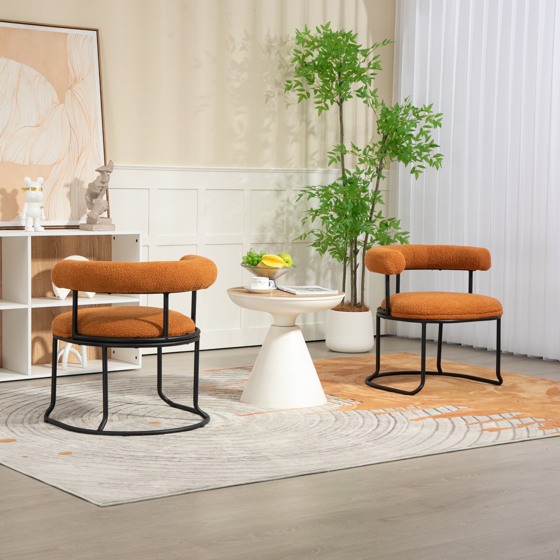 Coolmore Boucle Dining Chairs Set Of 2, Mid Century Modern Curved Backrest Chair, Round Upholstered Kitchen Chairs Orange Boucle Orange Foam Mdf Metal