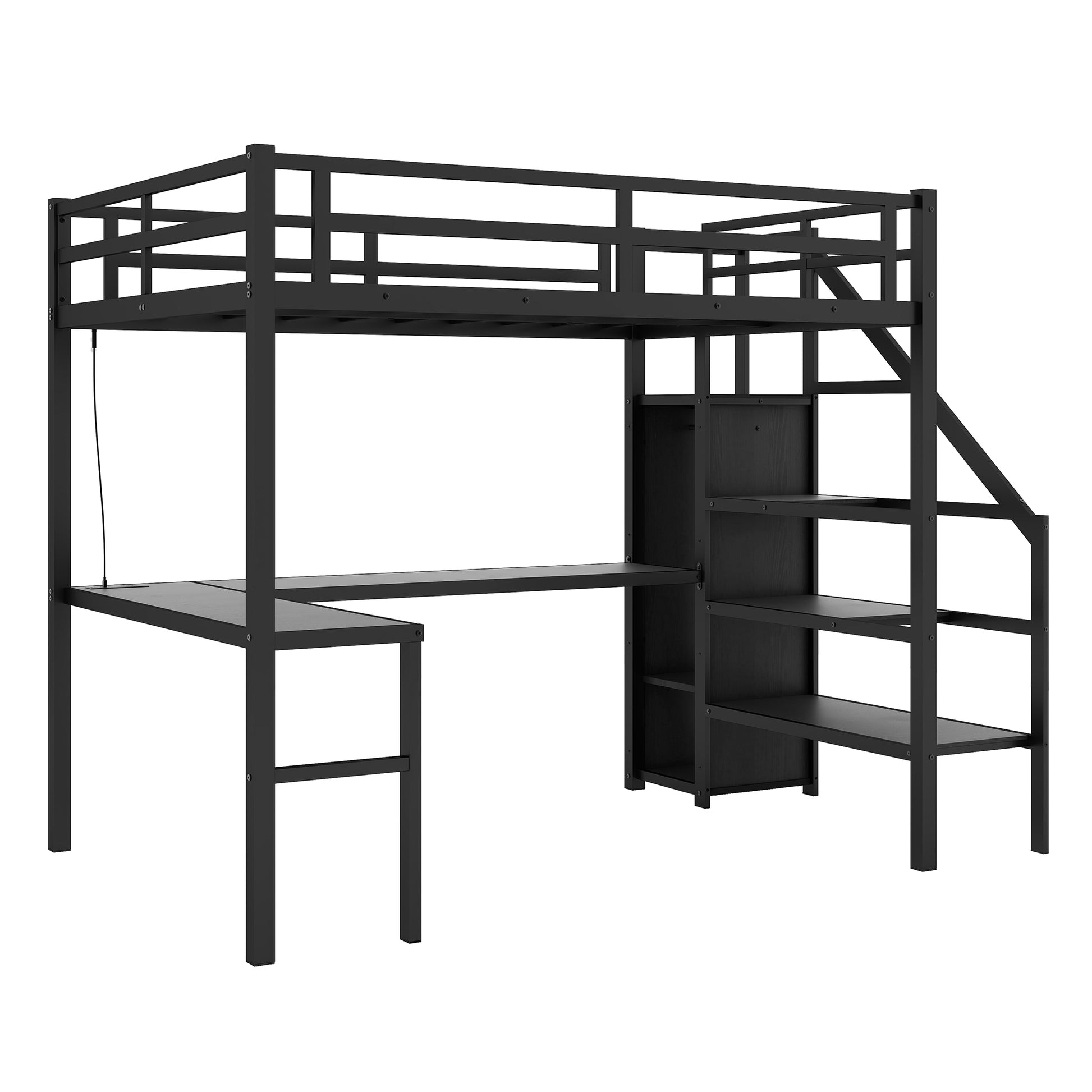 Full Xl Size Loft Bed With L Shaped Desk And Usb, Metal Loft Bed With Wardrobe And Adjustable Shelf, High Loft Bed With Led For Kids Teens Adults, Black Expect Arrive 2024 10 10 Full Xl Black Metal