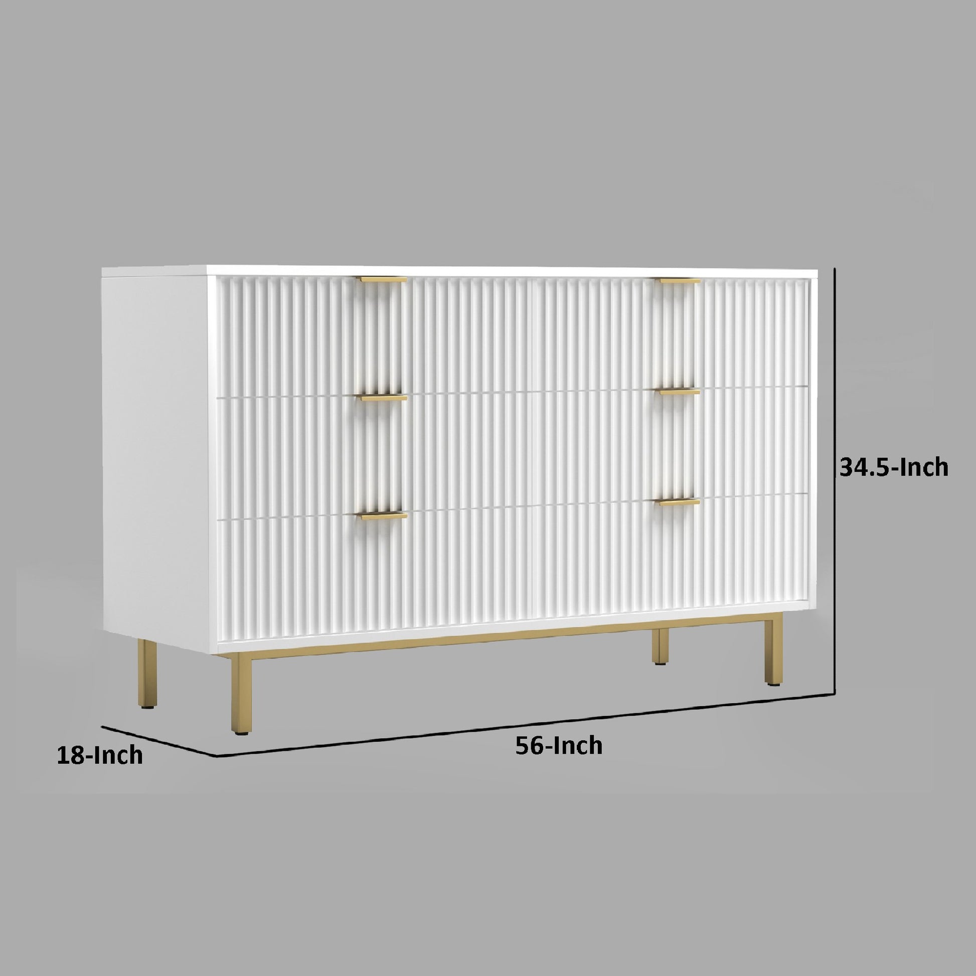 Beth 56 Inch 6 Drawer Dresser, Corrugated Panels, White Mahogany Wood, Gold White Gold Wood