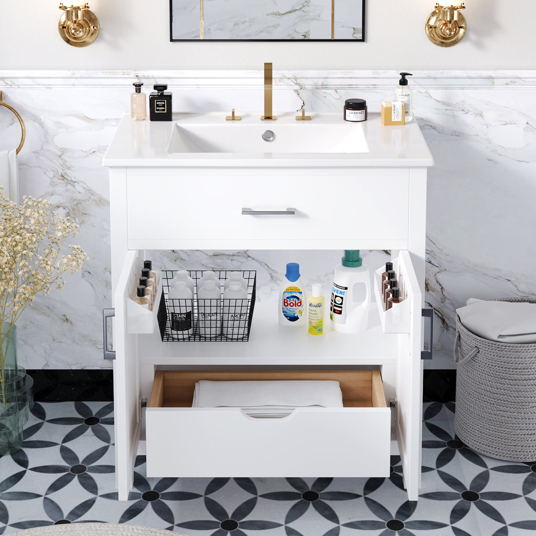 30 Inch Bathroom Vanity With Ceramic Sink And Large Storage The Perfect Choice For Small Bathrooms White Bathroom Solid Wood Mdf
