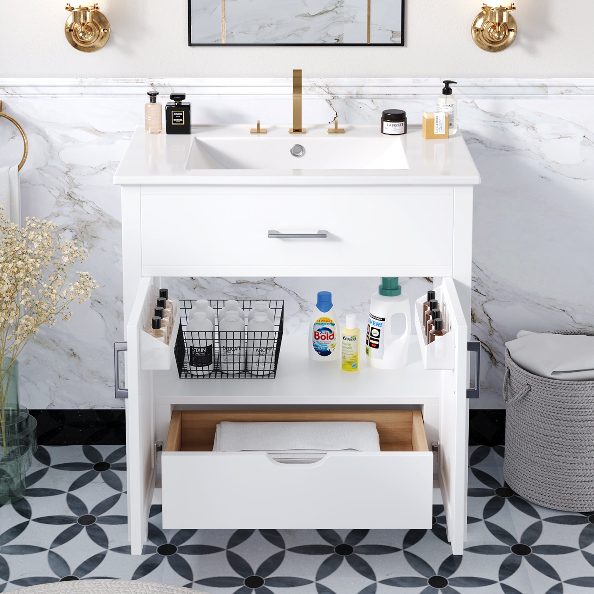 30 Inch Bathroom Vanity With Ceramic Sink And Large Storage The Perfect Choice For Small Bathrooms White Bathroom Solid Wood Mdf