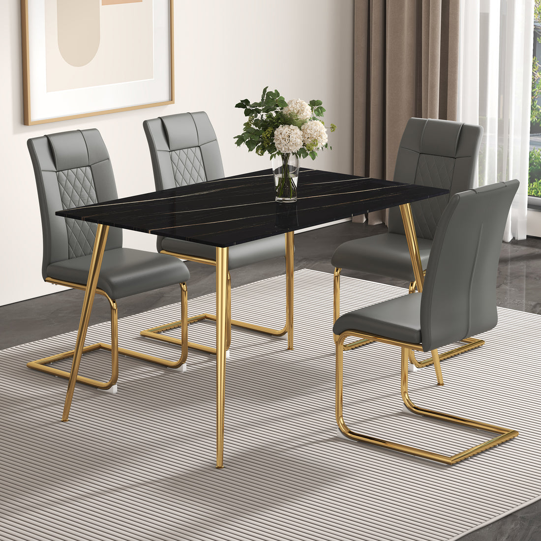 Table And Chair Set. 1 Table With 4 Gray Pu Chairs. Modern Minimalist Rectangular Black Imitation Marble Dining Table, With Golden Metal Legs. Paired With 4 Chairs With Golden Legs.Dt 1544 C001 Black Gold Glass Metal