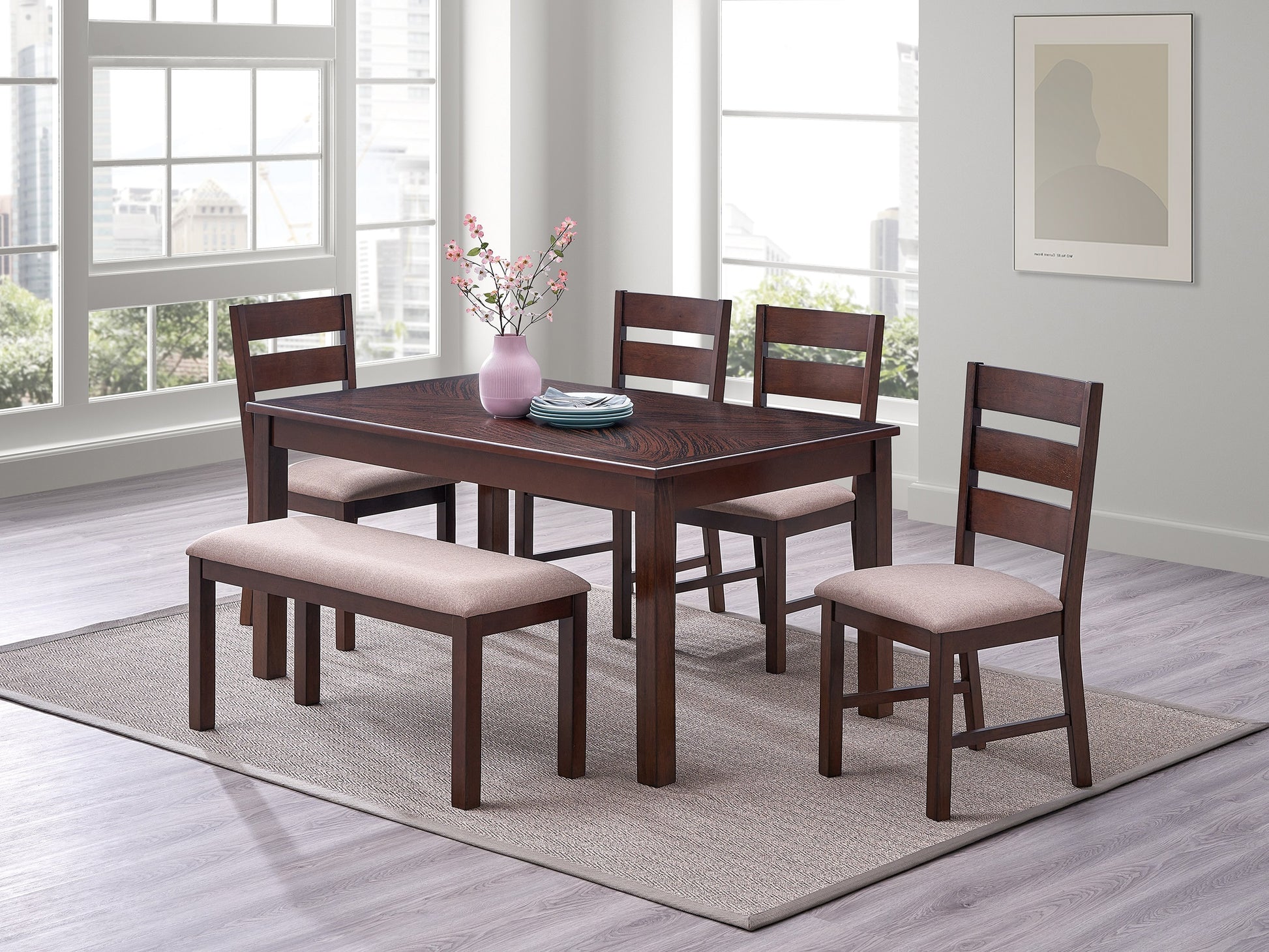 Contemporary Antique Cherry 6Pc Dining Set Table And 4X Side Chairs 1X Bench Melamine Table Top Fabric Cushion Seats Chairs Solid Wood Dining Room Furniture Dining Room Solid Wood Rubberwood Rectangular Dining Table With Chair And Bench Upholstered Chair