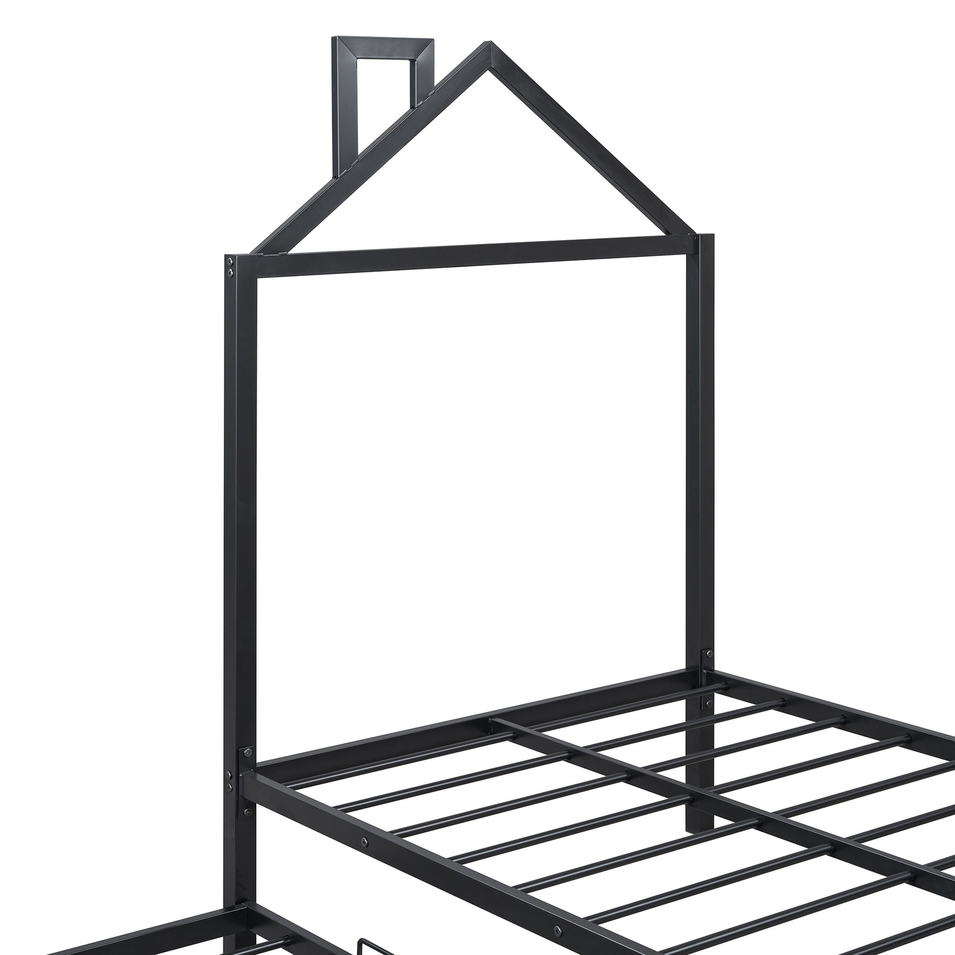 Twin Size Metal Platform Bed With Twin Size Trundle,House Shaped Headboard Design, Black Twin Black Metal