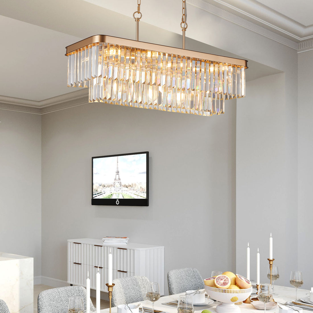 Chandeliers,Rectangular Crystal Chandelier Adjustable,E12 Modern Industrial Crystal Lights,Farmhouse Iron Ceiling Hanging Light For Kitchen Living Room Bedroom Gold Bulb Not Included Gold Crystal Iron