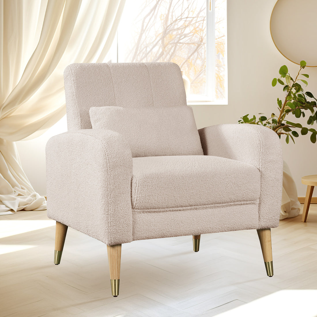 Mid Century Modern Accent Chair, Upholstered Armchair Living Room Chair, Comfy Single Sofa Chair With Metal Legs, Polyester Fabric Chair For Living Room Bedroom Camel Sherpa