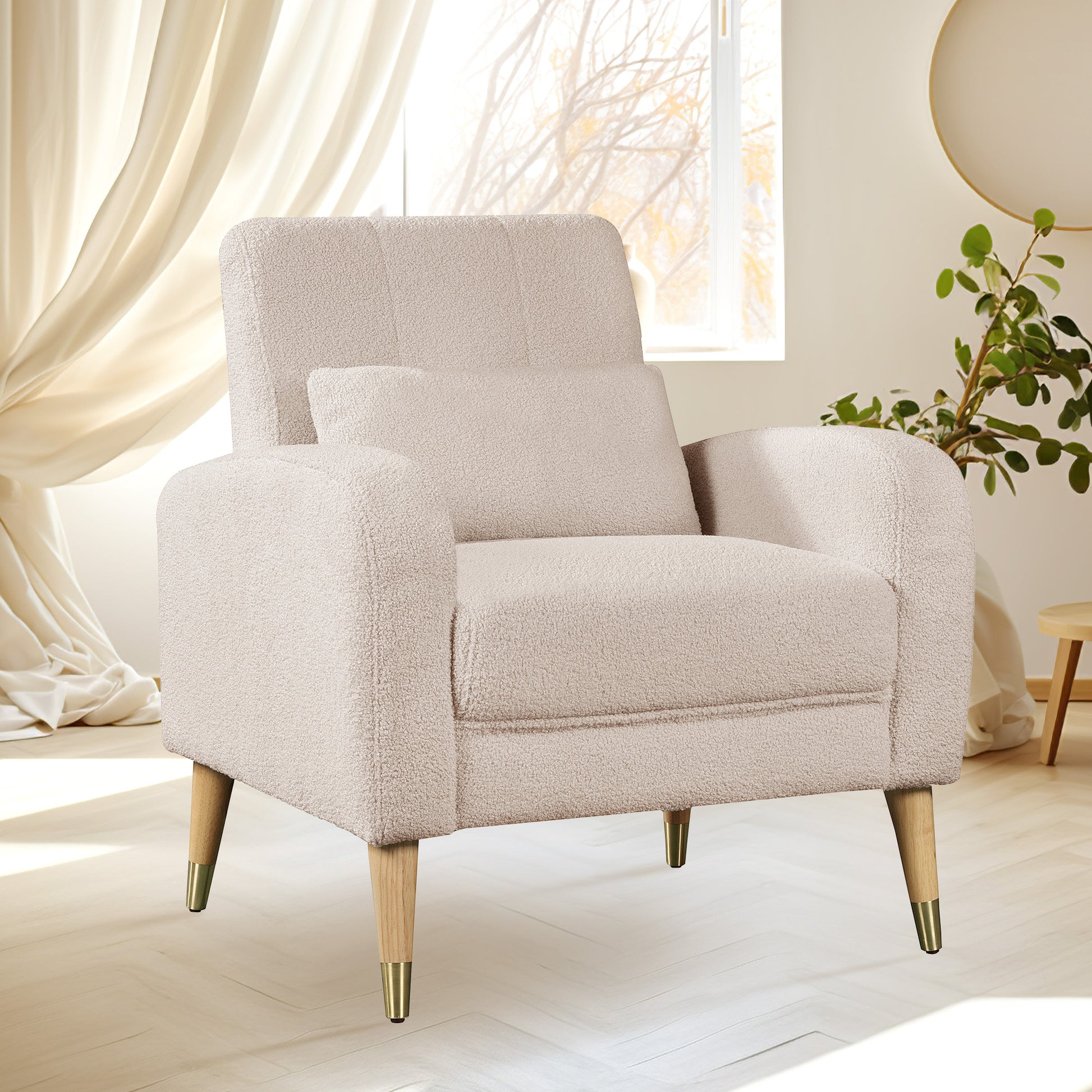 Mid Century Modern Accent Chair, Upholstered Armchair Living Room Chair, Comfy Single Sofa Chair With Metal Legs, Polyester Fabric Chair For Living Room Bedroom Camel Sherpa