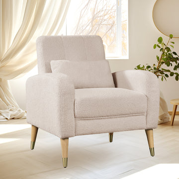 Mid Century Modern Accent Chair, Upholstered Armchair Living Room Chair, Comfy Single Sofa Chair With Metal Legs, Polyester Fabric Chair For Living Room Bedroom Camel Sherpa