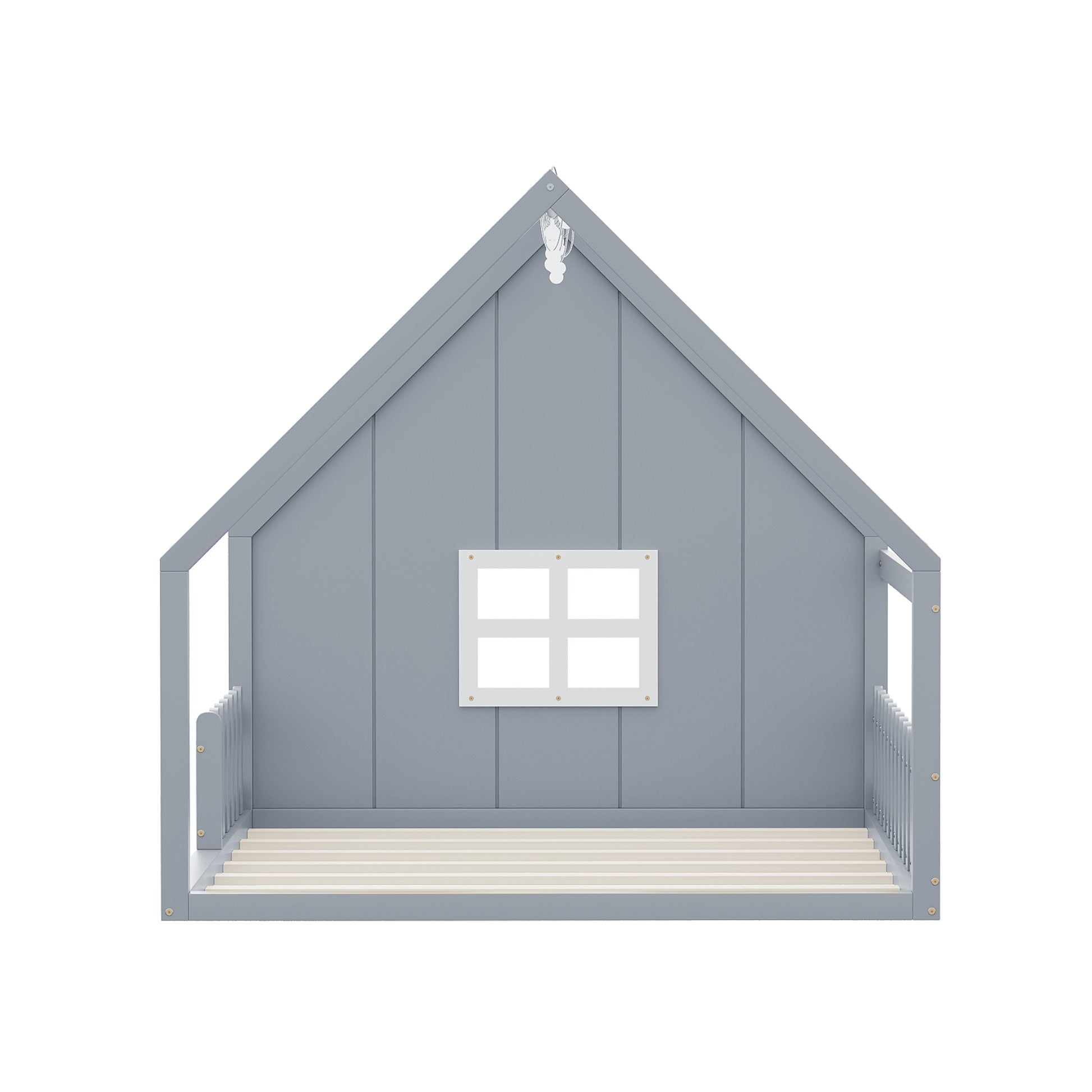 Full Size Wood House Bed With Window And Fence, Gray Old Sku: Wf304147Aae Box Spring Not Required Full Gray Wood Bedroom Pine Bed Frame Solid Wood Mdf