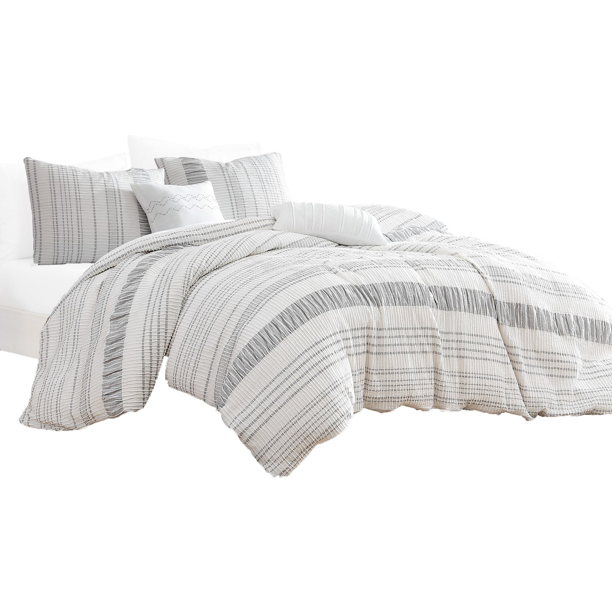 Wim 6 Piece Queen Size Duvet Comforter Set, Accent Pillows, Striped Gray Gray Polyester Blend