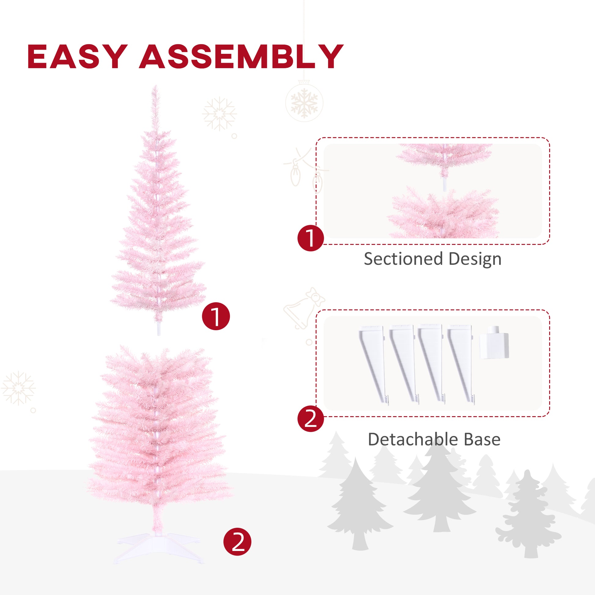 Homcom 5' Artificial Pencil Christmas Tree, Slim Xmas Tree With 294 Realistic Branch Tips And Plastic Stand, Pink Pink Plastic