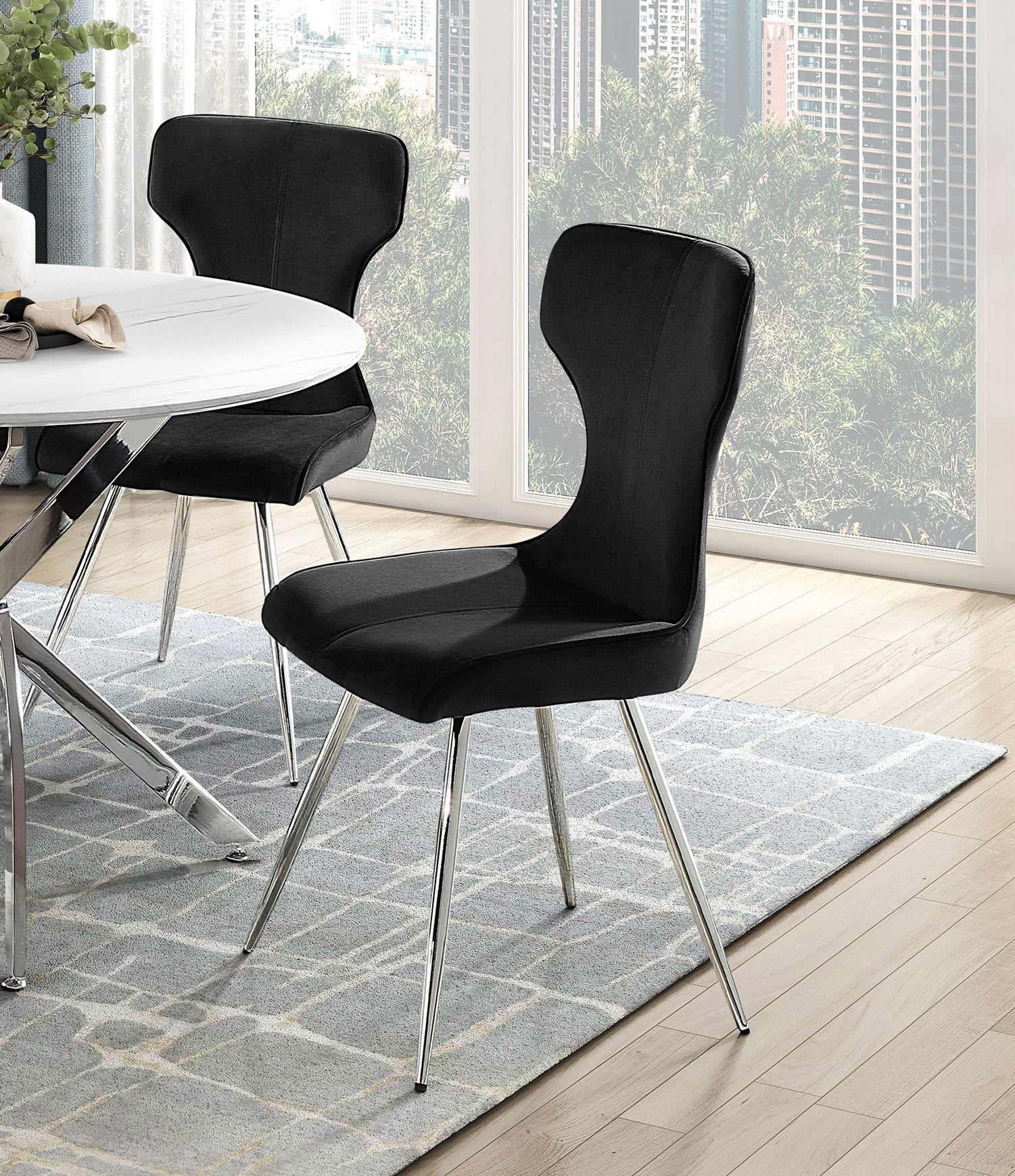 Ultra Modern Dining Set 5Pc Faux Marble Round Table And 4X Side Chairs Black Velvet Upholstery Chrome Finish Metal Legs Metal Faux Marble Black,Chrome Seats 4 Metal Dining Room Ultra Modern Round