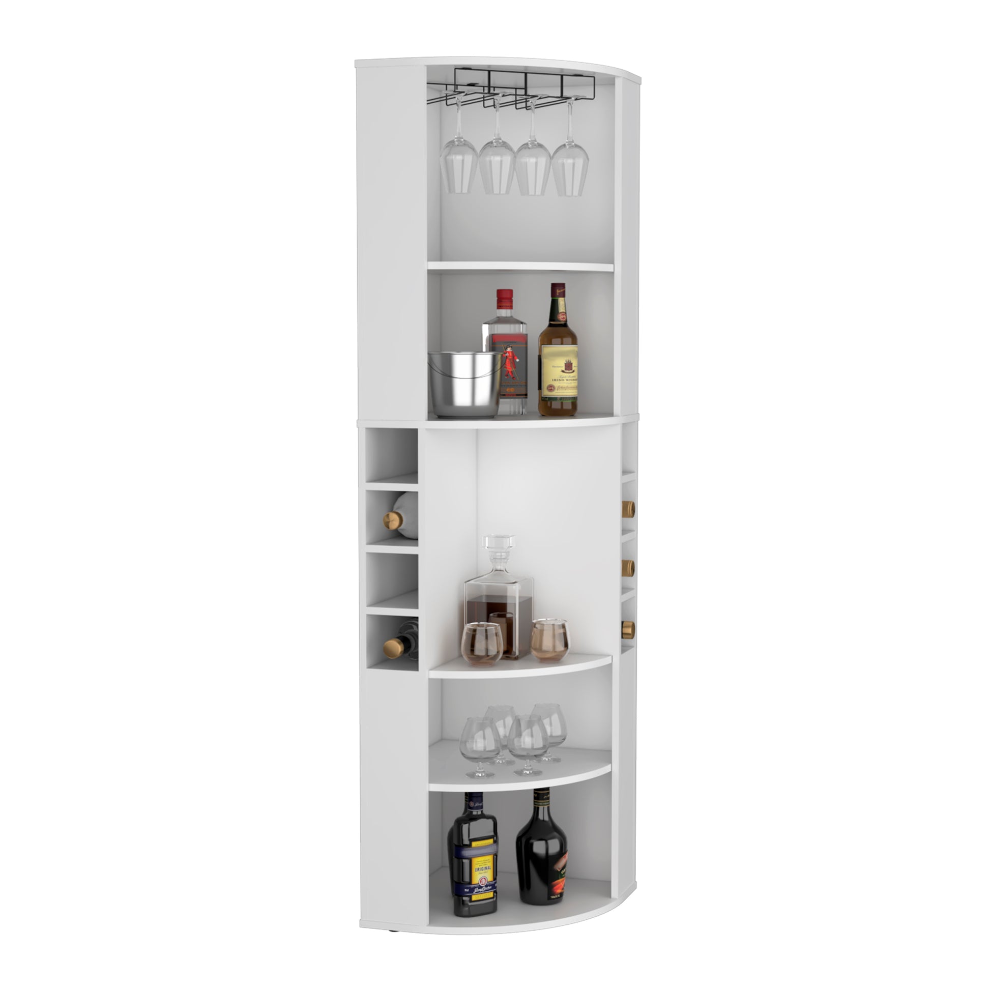 Oban Corner Bar Cabinet With Five Shelveseight Bottle Cubbies And Steamware White Primary Living Space Modern Shelves Included Particle Board