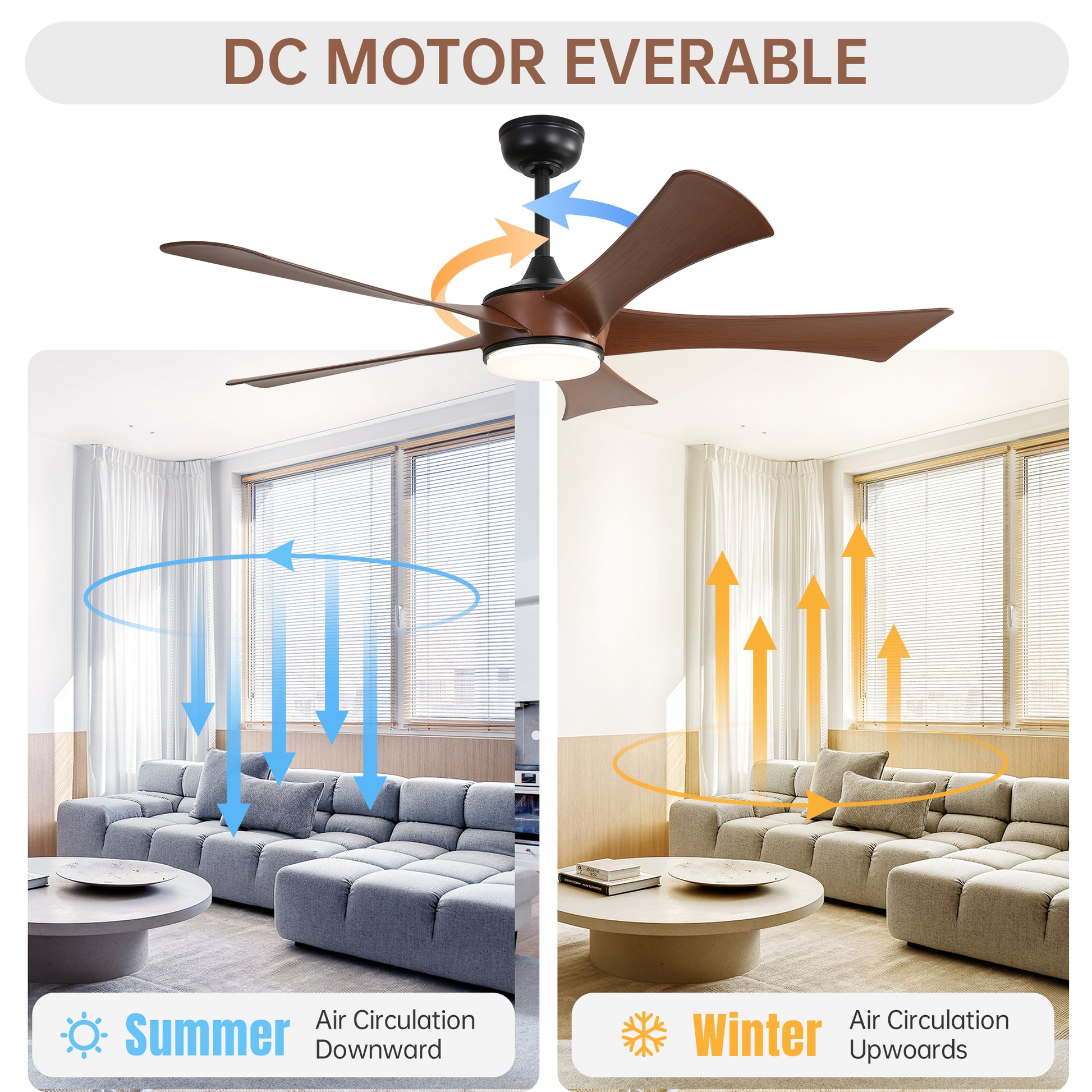 52 Inch Modern With 3 Color Dimmable 5 Abs Blades Remote Control Reversible Dc Motor With Led Light Black Abs