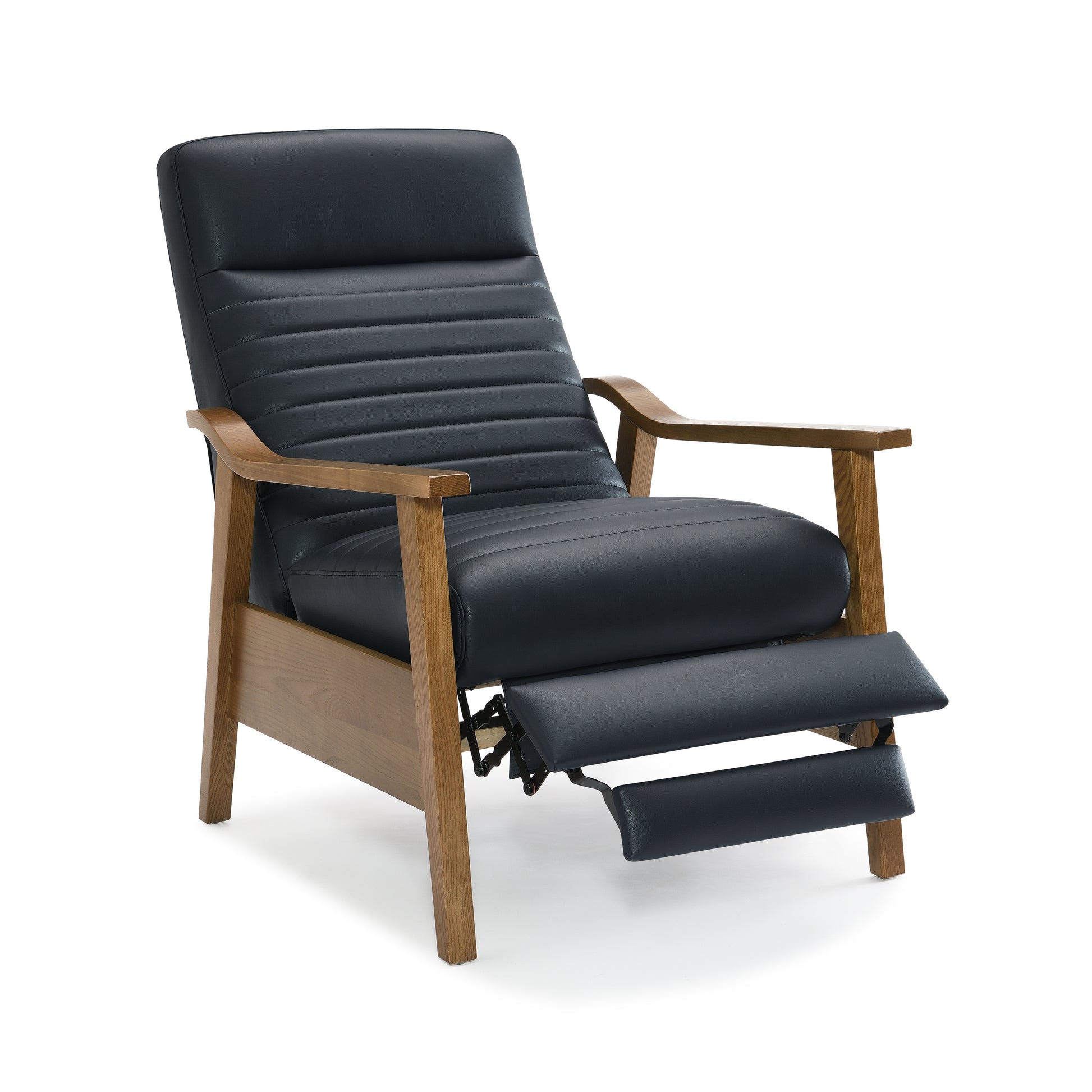 Asher Wood Arm Push Back Recliner Midnight Blue Blue Foam Faux Leather