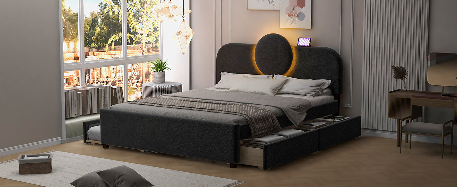 Queen Size Upholstered Platform Bed With Multi Functional Headboard, Trundle And 2 Drawers, Gray Box Spring Not Required Queen Gray Wood Bedroom Upholstered