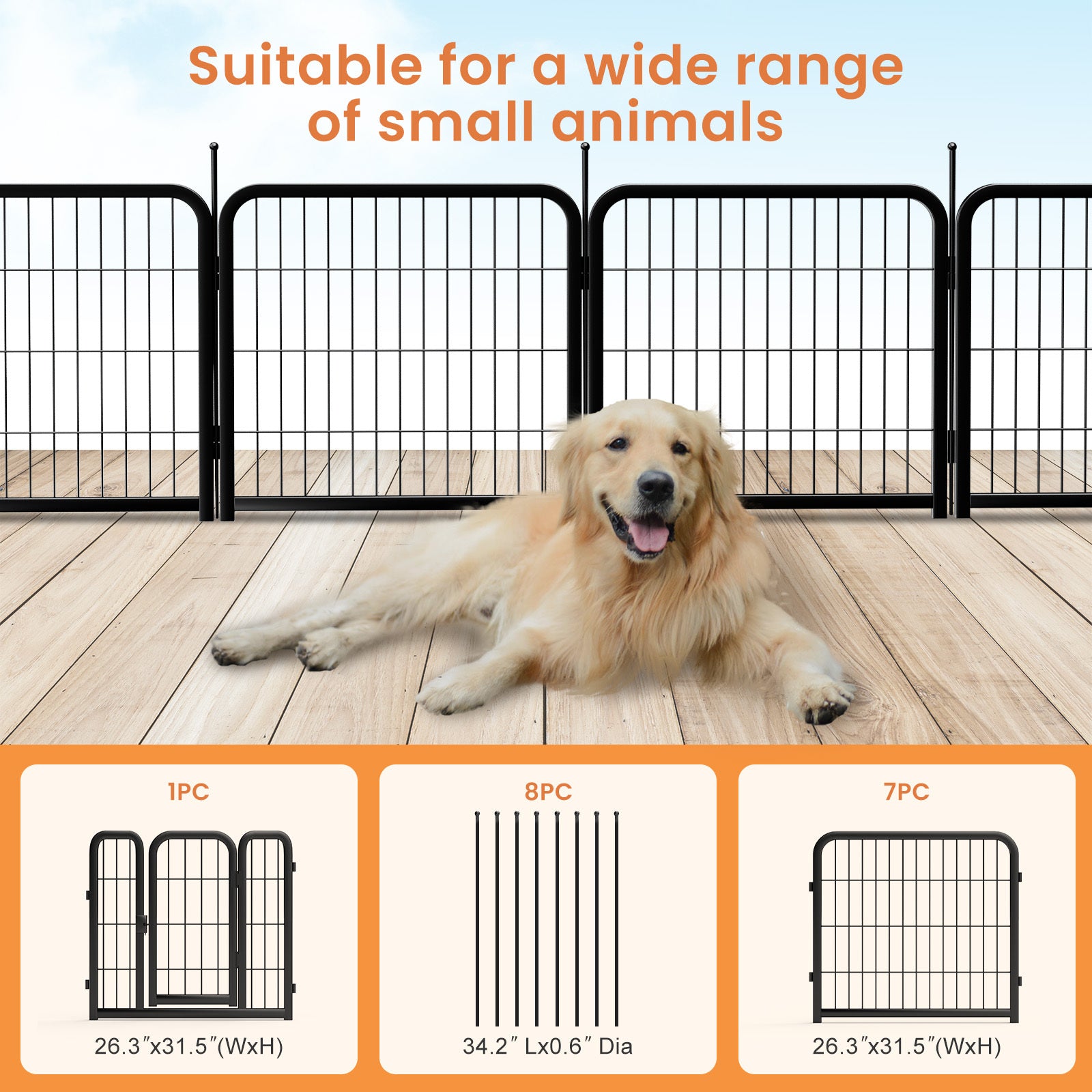 Dog Playpen Outdoor, 8 Panel Dog Fence 31.'' Pet Pen For Small Dogs Pet Exercise Pen For Puppy Rabbit Small Animals Portable Playpen For Rv Camping Garden Yard, Indoor. Black, 26.3'' W X 31.5'' H. Black Iron