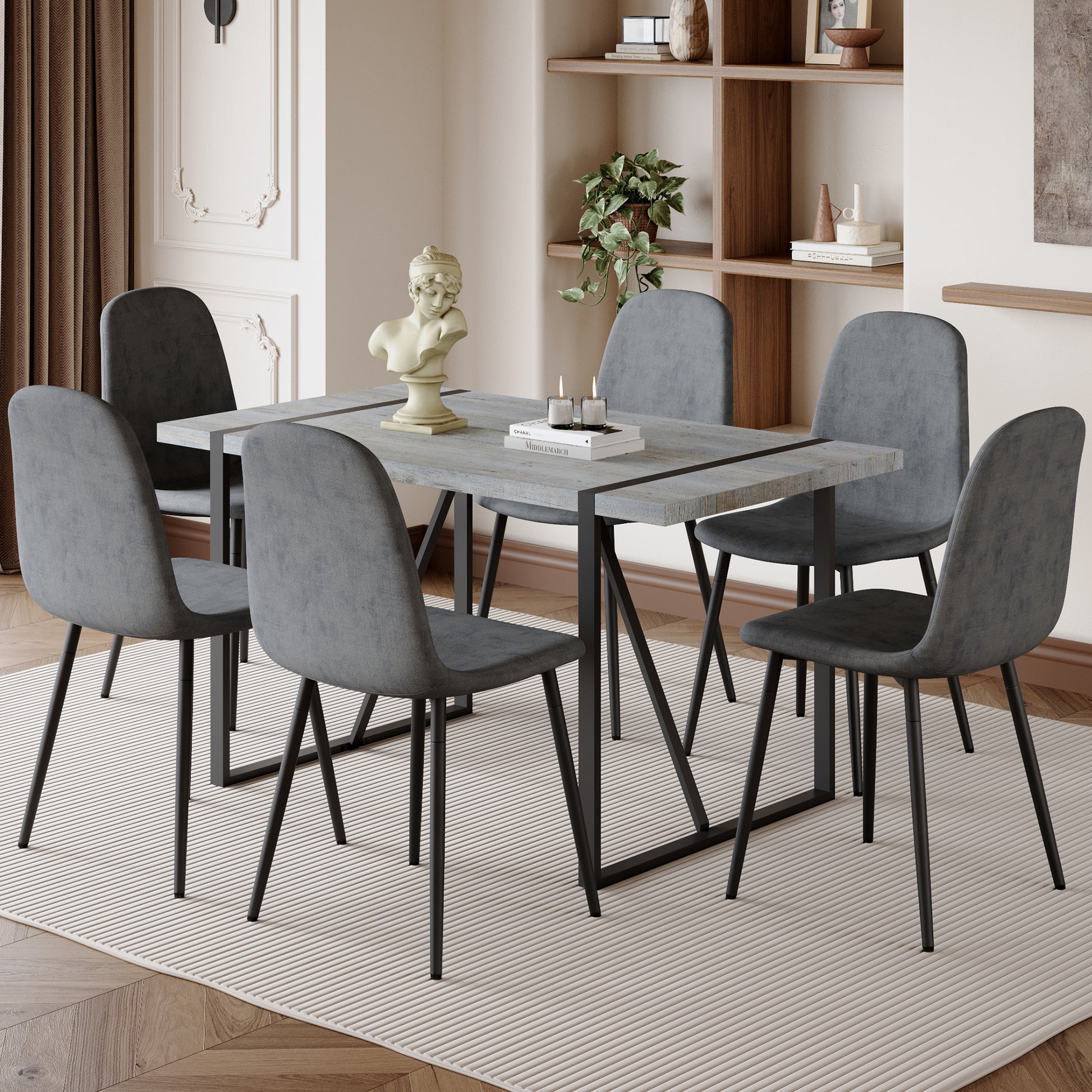 Table And Chair Set. A Minimalist Retro Rectangular Dining Table With A Specially Textured Top And Black Metal Legs, Paired With 6 Soft Chairs And Black Metal Legs, Showcases A Beautiful Home Style.