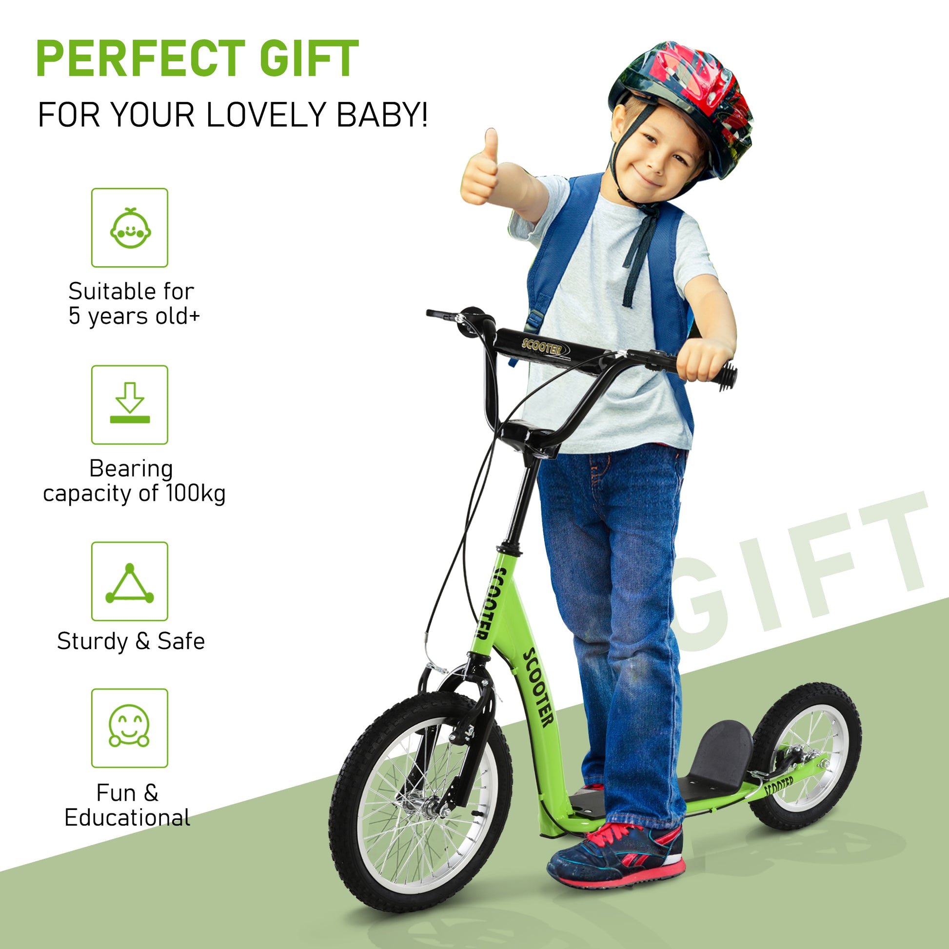 Aosom Youth Scooter Kick Scooter For Kids 5 With Adjustable Handlebar 16" Front And 12" Rear Dual Brakes Inflatable Wheels, Green Green Steel