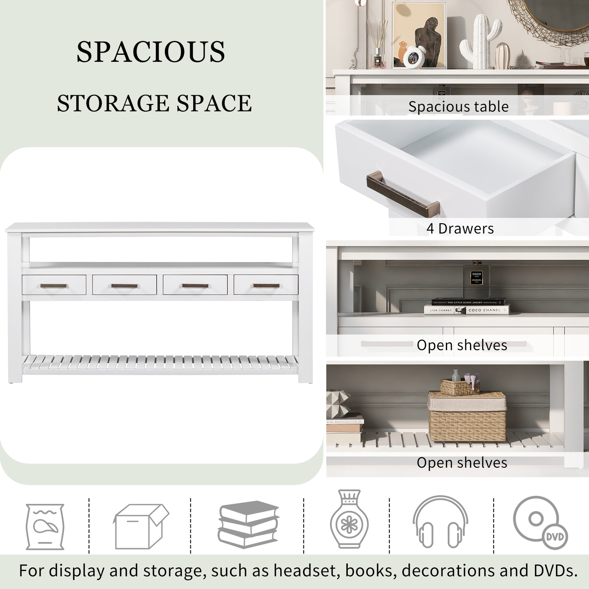 62.2'' Modern Console Table Sofa Table For Living Room With 4 Drawers And 2 Shelves White Solid Wood Mdf