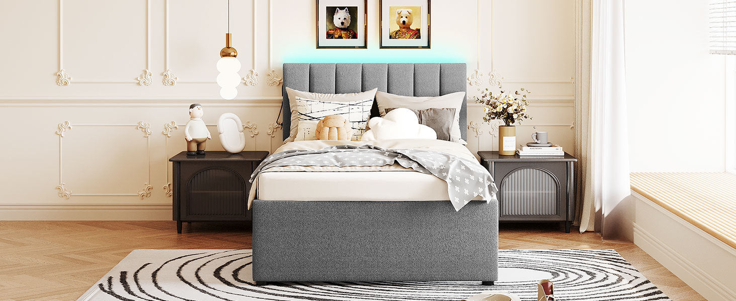 Teddy Fleece Twin Size Upholstered Platform Bed With Trundle, Gray Twin Gray Fleece