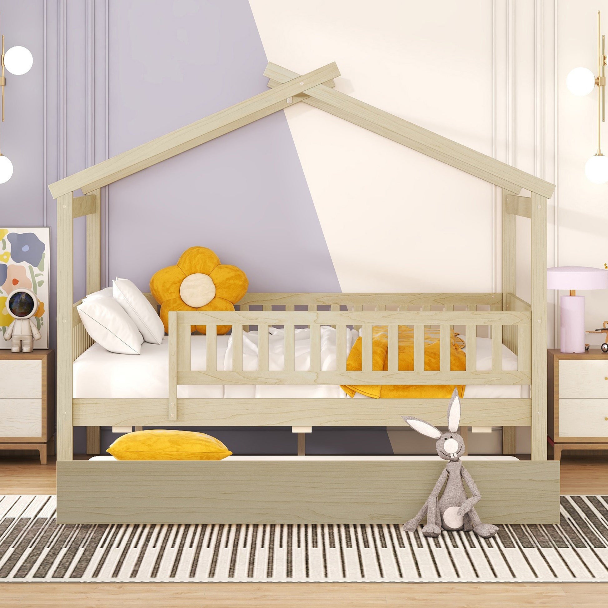 Full Size Wooden House Bed With Twin Size Trundle, Natural Full Natural Solid Wood Mdf