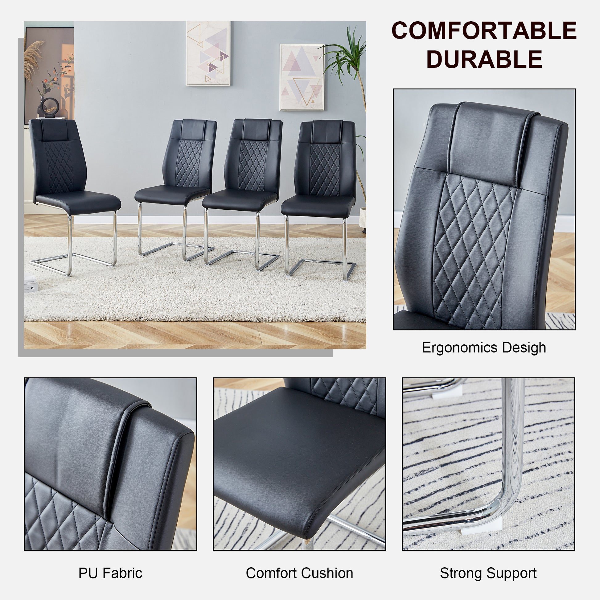 Table And Chair Set, Modern And Minimalist Dining Table. Imitation Marble Glass Sticker Desktop, Stainless Steel Legs, Stable And Beautiful. Comfortable Pu Seats. Dt 69 Black Silver Glass