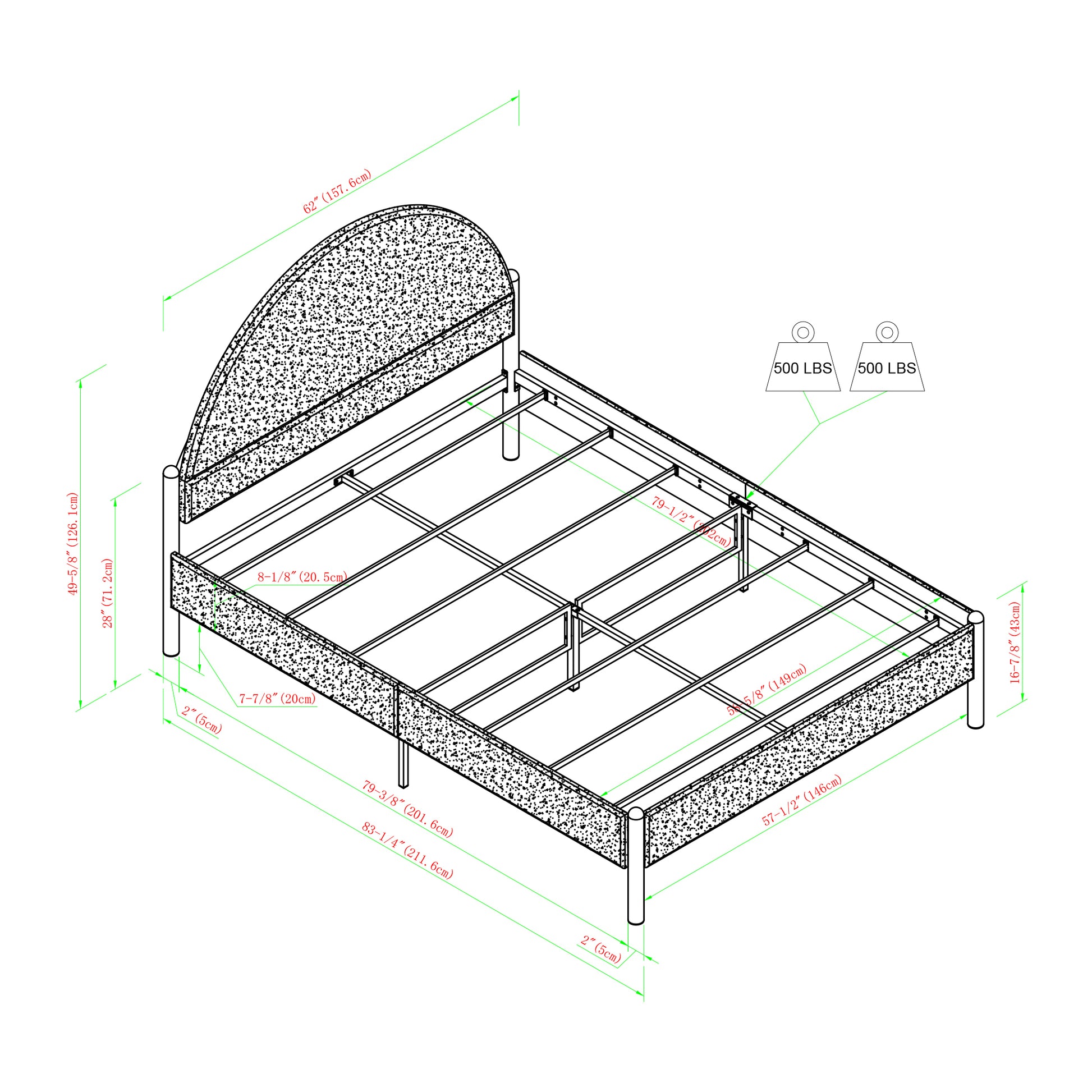 Modern Upholstered Curved Headboard Queen Bedframe Blue Queen Blue Metal Polyester